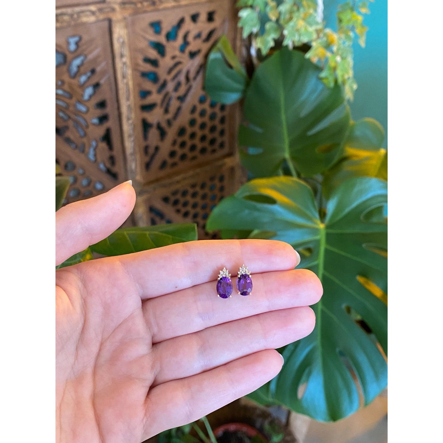 Vintage Solid 14k Yellow Gold Diamond Amethyst Stud Earrings