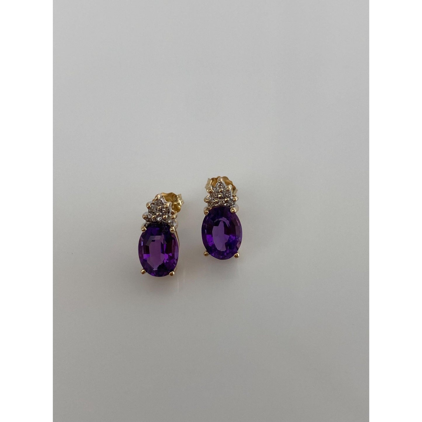 Vintage Solid 14k Yellow Gold Diamond Amethyst Stud Earrings