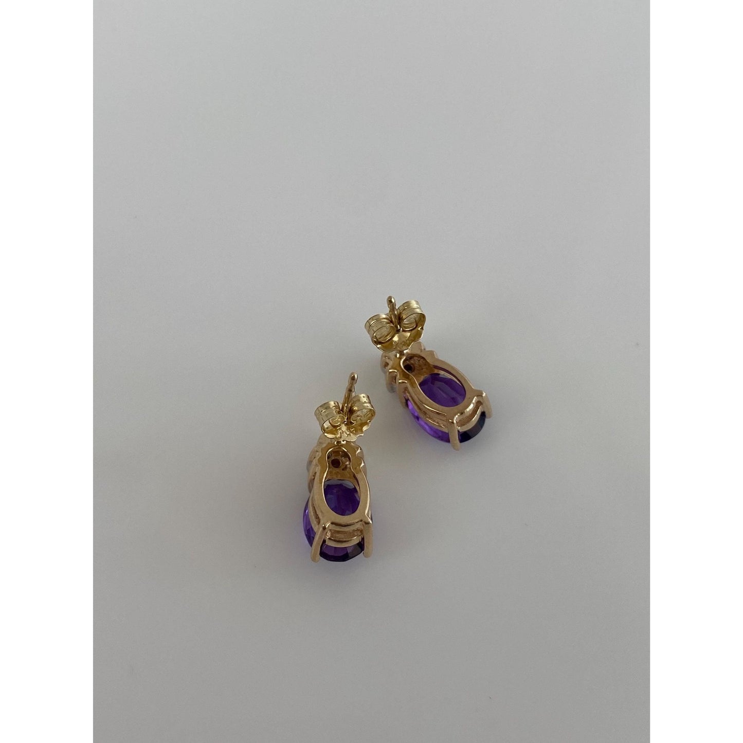Vintage Solid 14k Yellow Gold Diamond Amethyst Stud Earrings