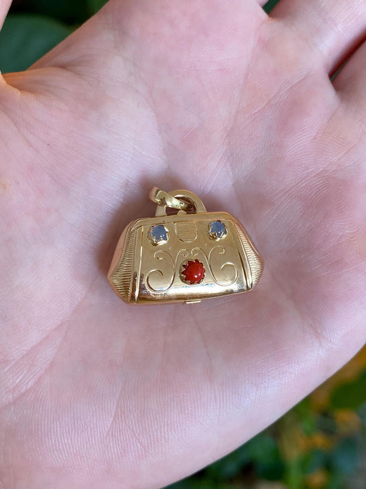 Vintage 18k Yellow Gold Moonstone Coral Purse Charm