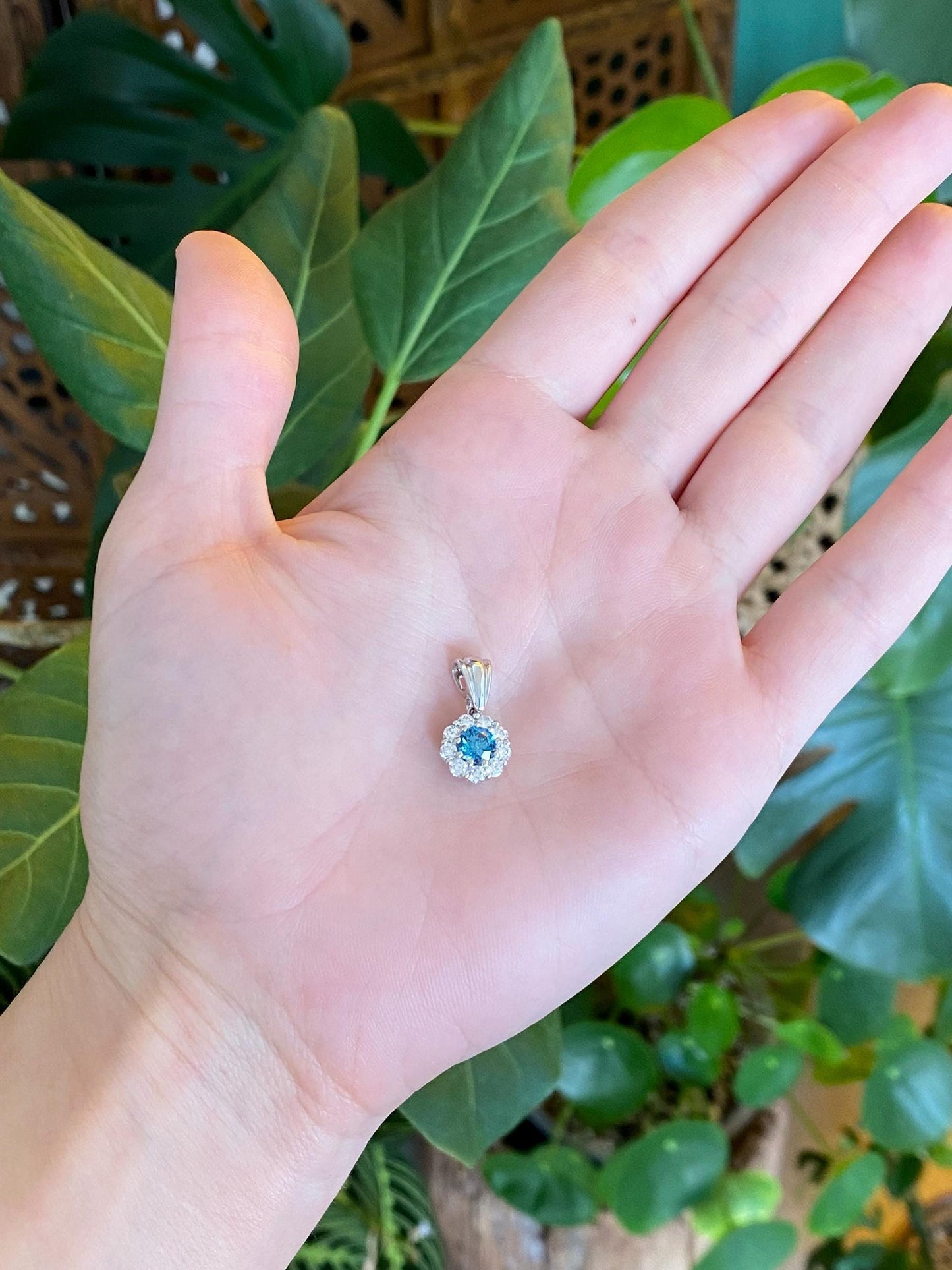 Vintage Solid 14k White Gold Blue & Clear Diamond Halo Charm