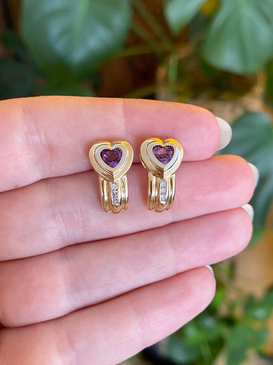 Vintage Solid 14k White & Yellow Gold Diamonds Amethyst Heart Drop Earrings