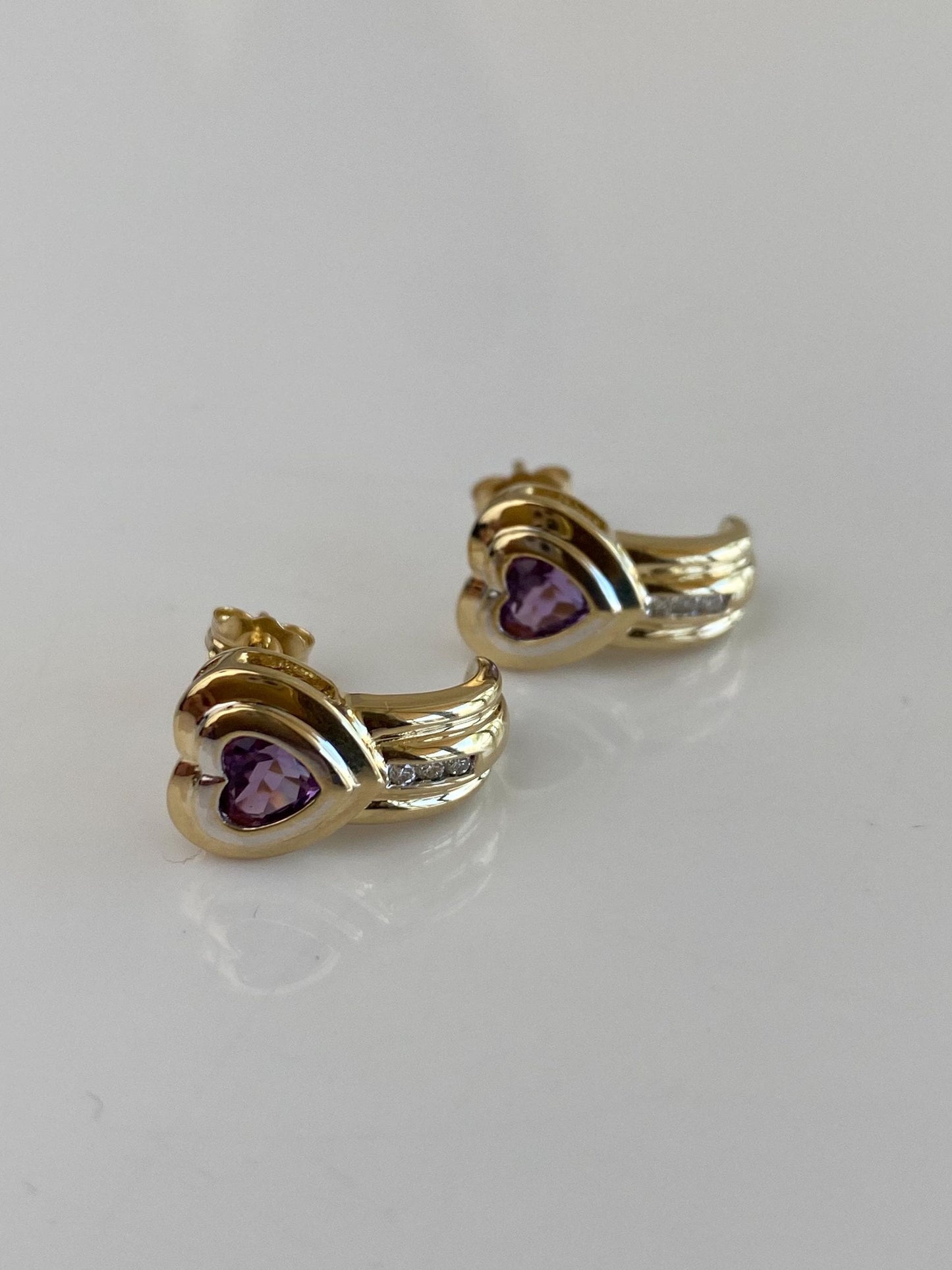 Vintage Solid 14k White & Yellow Gold Diamonds Amethyst Heart Drop Earrings