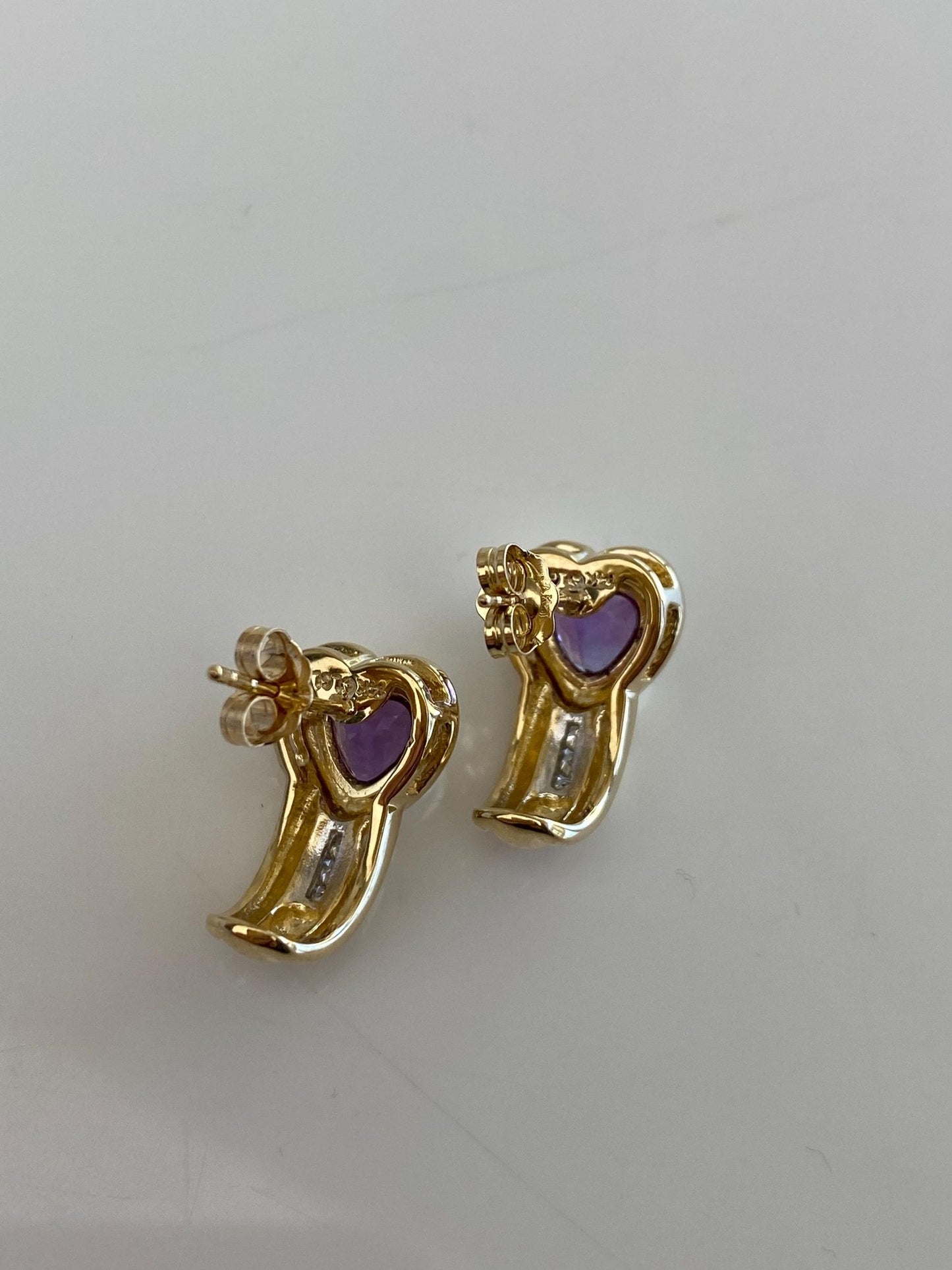 Vintage Solid 14k White & Yellow Gold Diamonds Amethyst Heart Drop Earrings