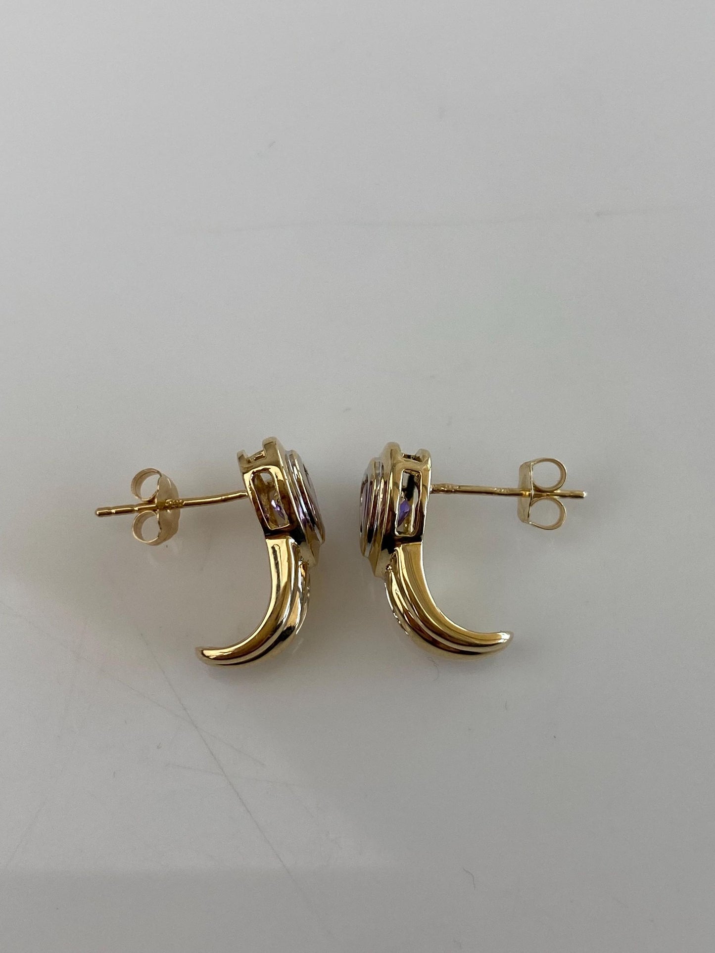 Vintage Solid 14k White & Yellow Gold Diamonds Amethyst Heart Drop Earrings