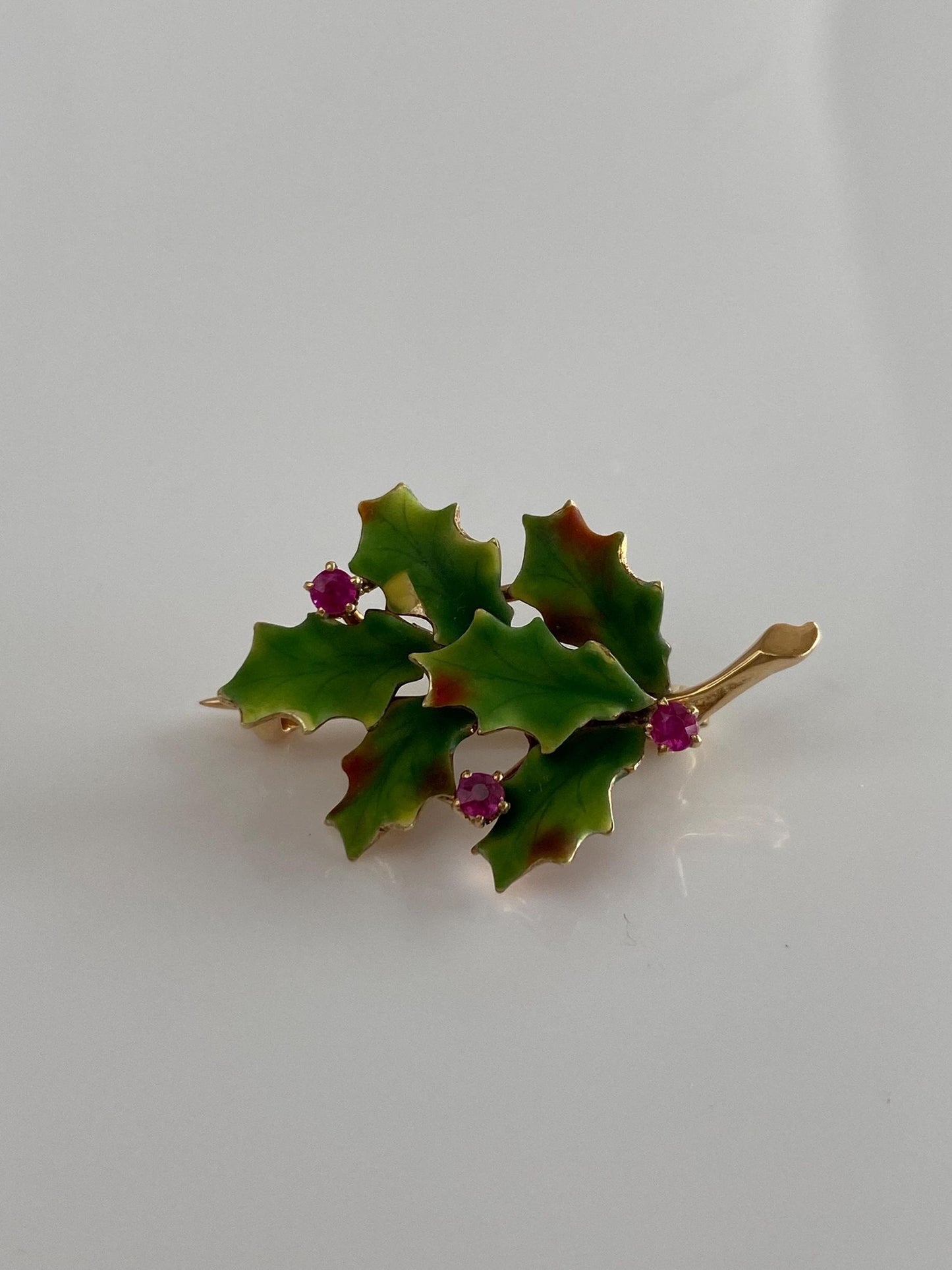 Vintage Solid 14k Yellow Gold Enamel Pink Spinel Large Mistletoe Pin