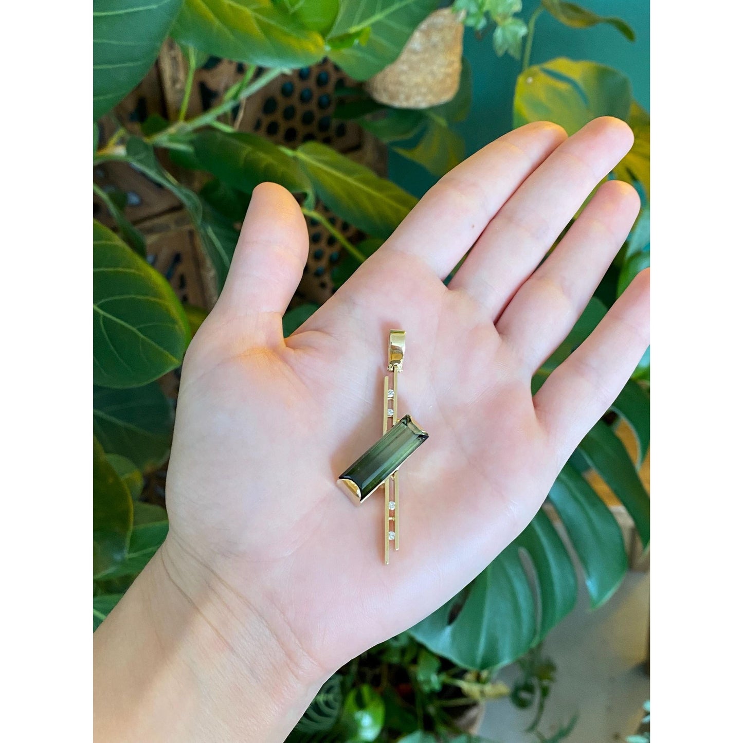 Solid 14k Yellow Gold Diamond Bi Color Tourmaline Charm