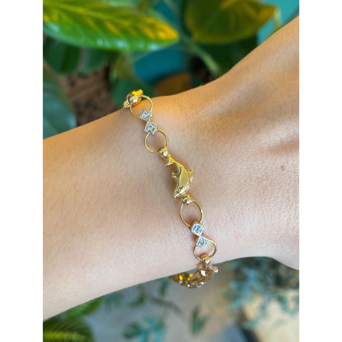 Vintage Solid 14k Tri Tone Gold Cubic Zirconia Dolphin Bracelet - 7.5 inches