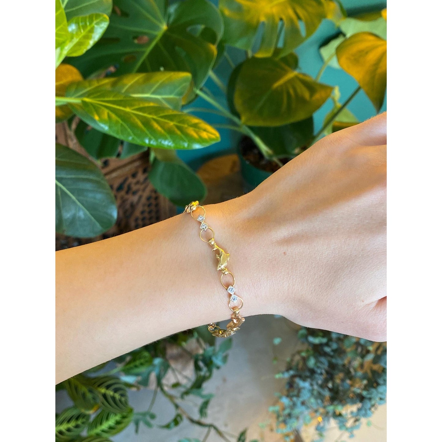 Vintage Solid 14k Tri Tone Gold Cubic Zirconia Dolphin Bracelet - 7.5 inches