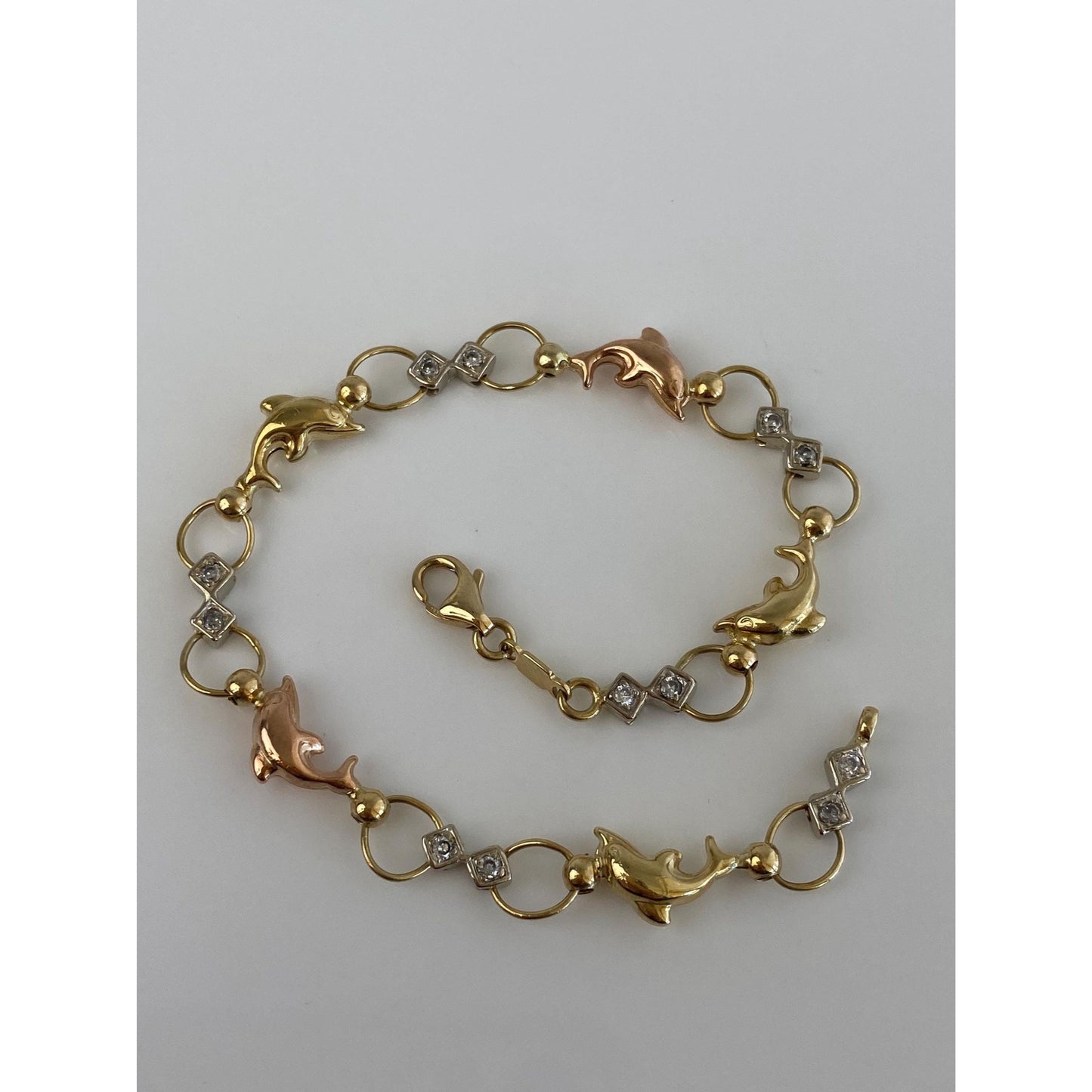 Vintage Solid 14k Tri Tone Gold Cubic Zirconia Dolphin Bracelet - 7.5 inches