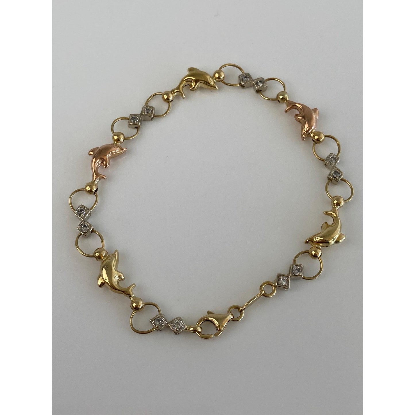 Vintage Solid 14k Tri Tone Gold Cubic Zirconia Dolphin Bracelet - 7.5 inches