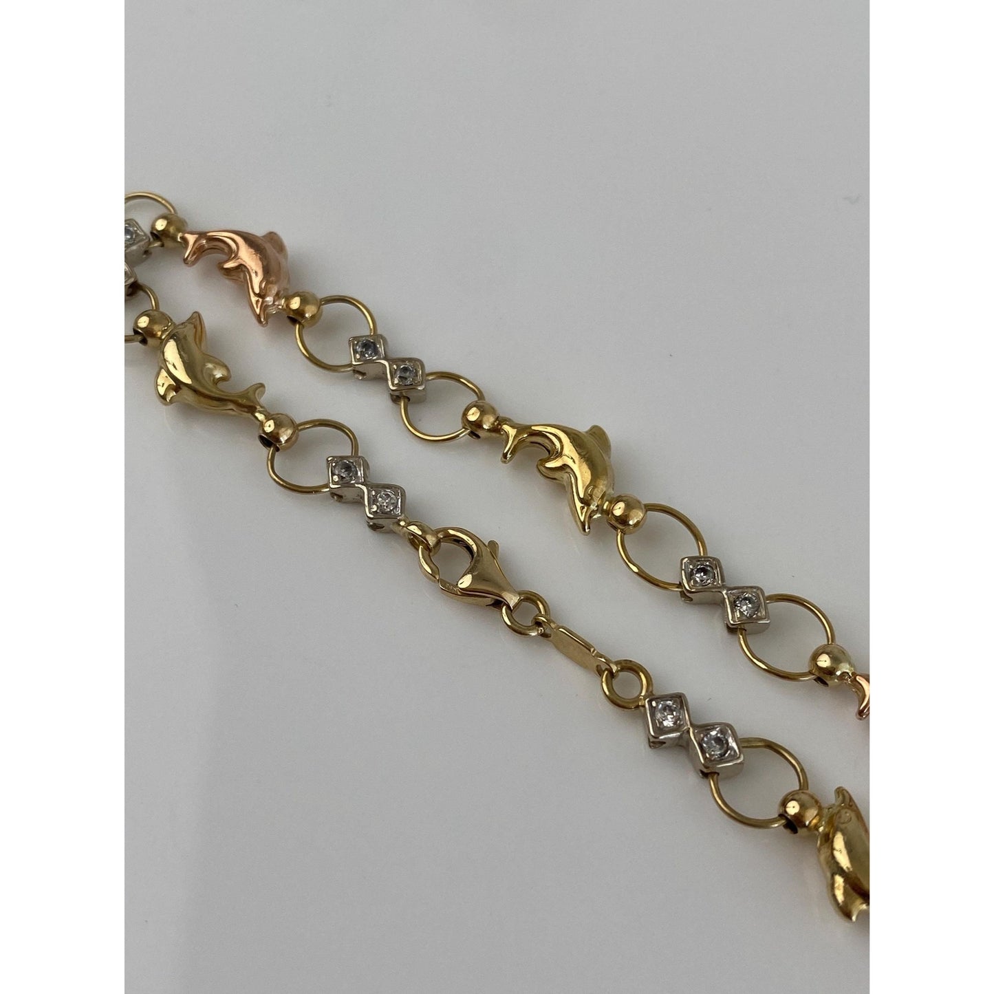 Vintage Solid 14k Tri Tone Gold Cubic Zirconia Dolphin Bracelet - 7.5 inches