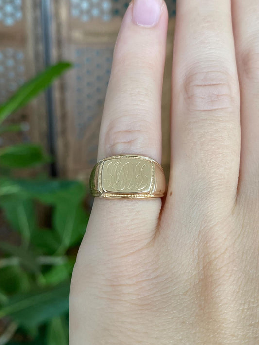 Vintage Solid 14k Yellow Gold Monogram Signet Ring - Size 4.75