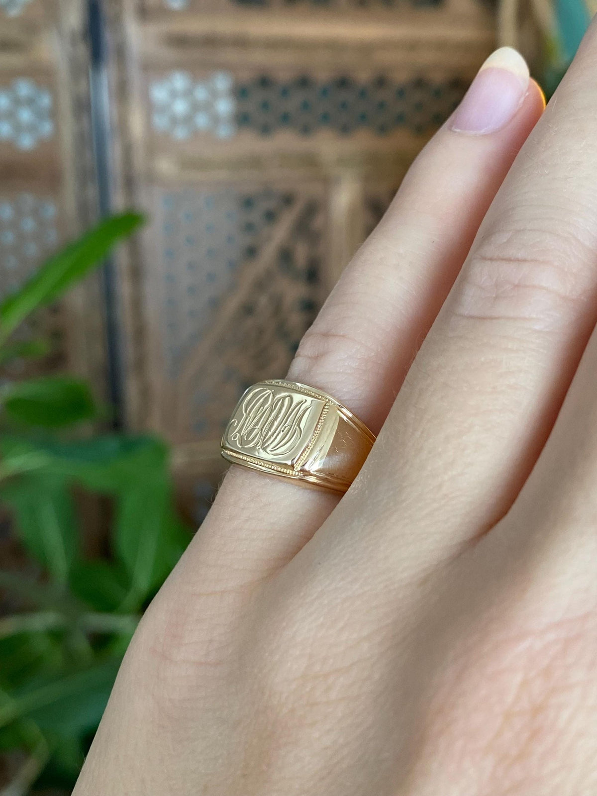 Vintage Solid 14k Yellow Gold Monogram Signet Ring - Size 4.75