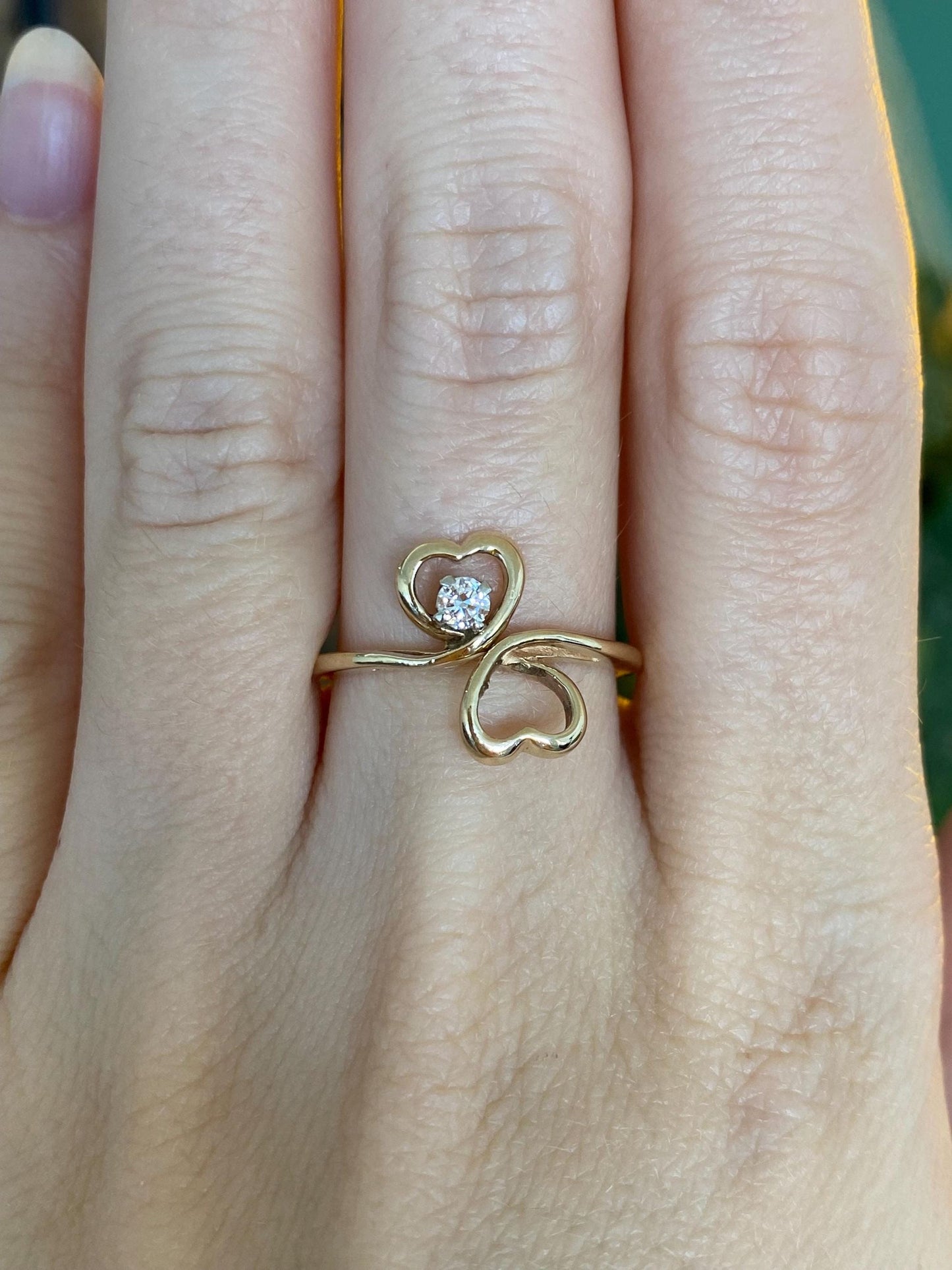 Vintage Solid 14k Yellow Gold Diamond Hearts Ring - Size 7.75