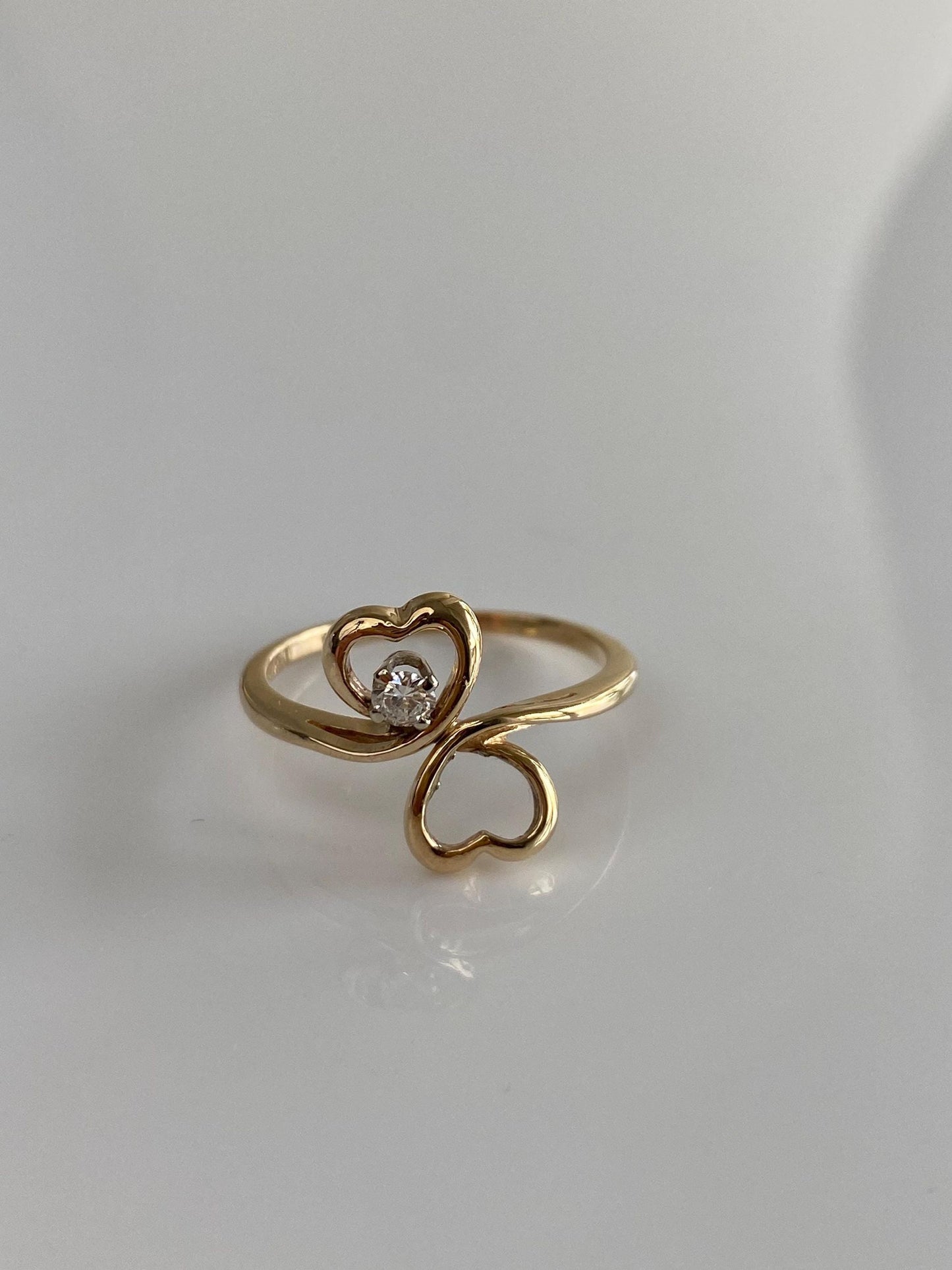 Vintage Solid 14k Yellow Gold Diamond Hearts Ring - Size 7.75