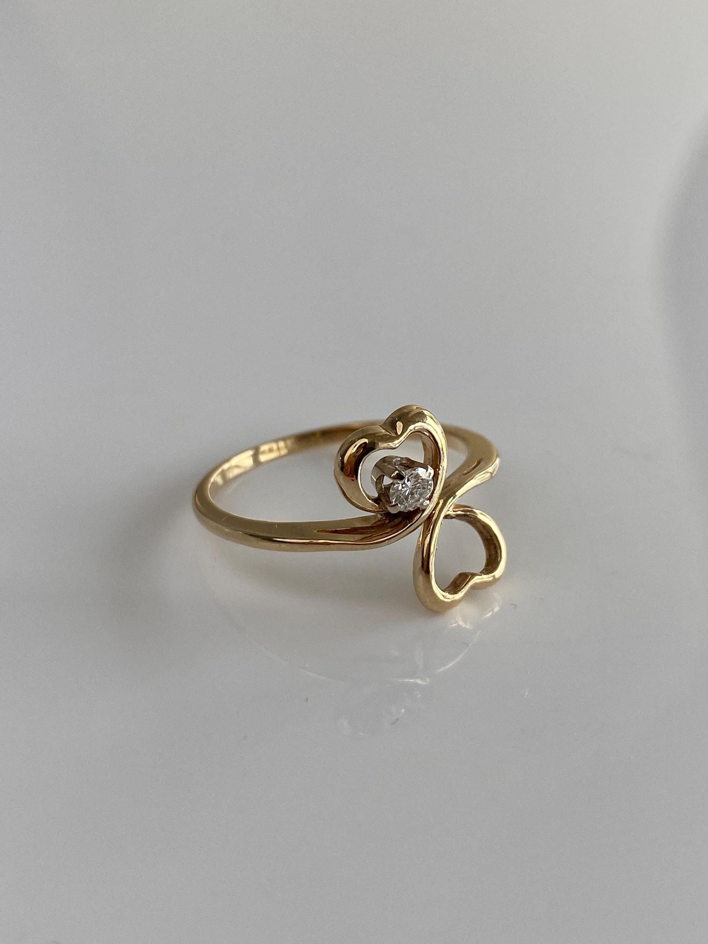 Vintage Solid 14k Yellow Gold Diamond Hearts Ring - Size 7.75