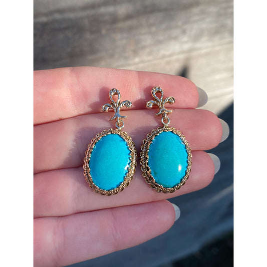 Vintage Solid 14k Yellow Gold Turquoise Ornate Dangle Stud Earrings