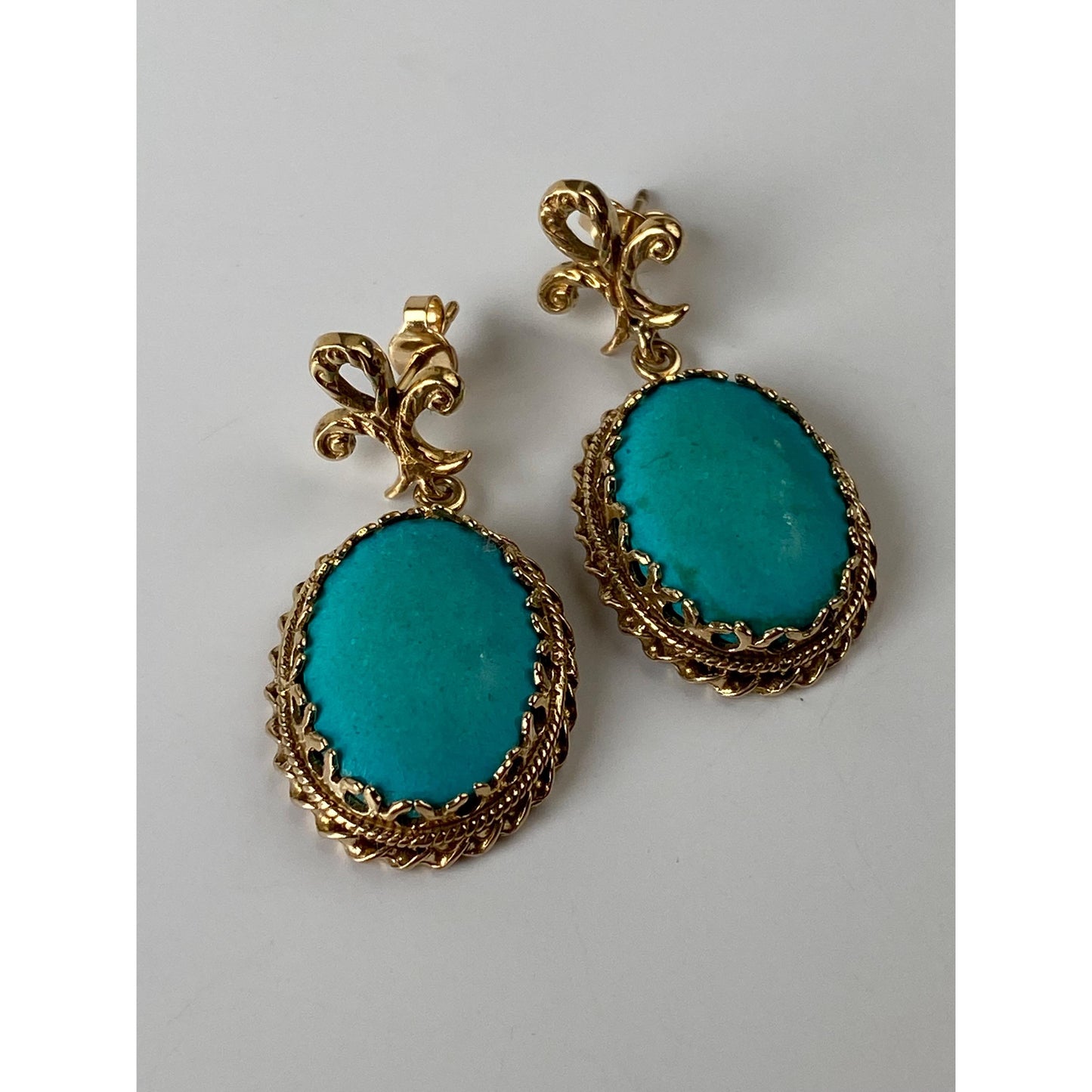 Vintage Solid 14k Yellow Gold Turquoise Ornate Dangle Stud Earrings