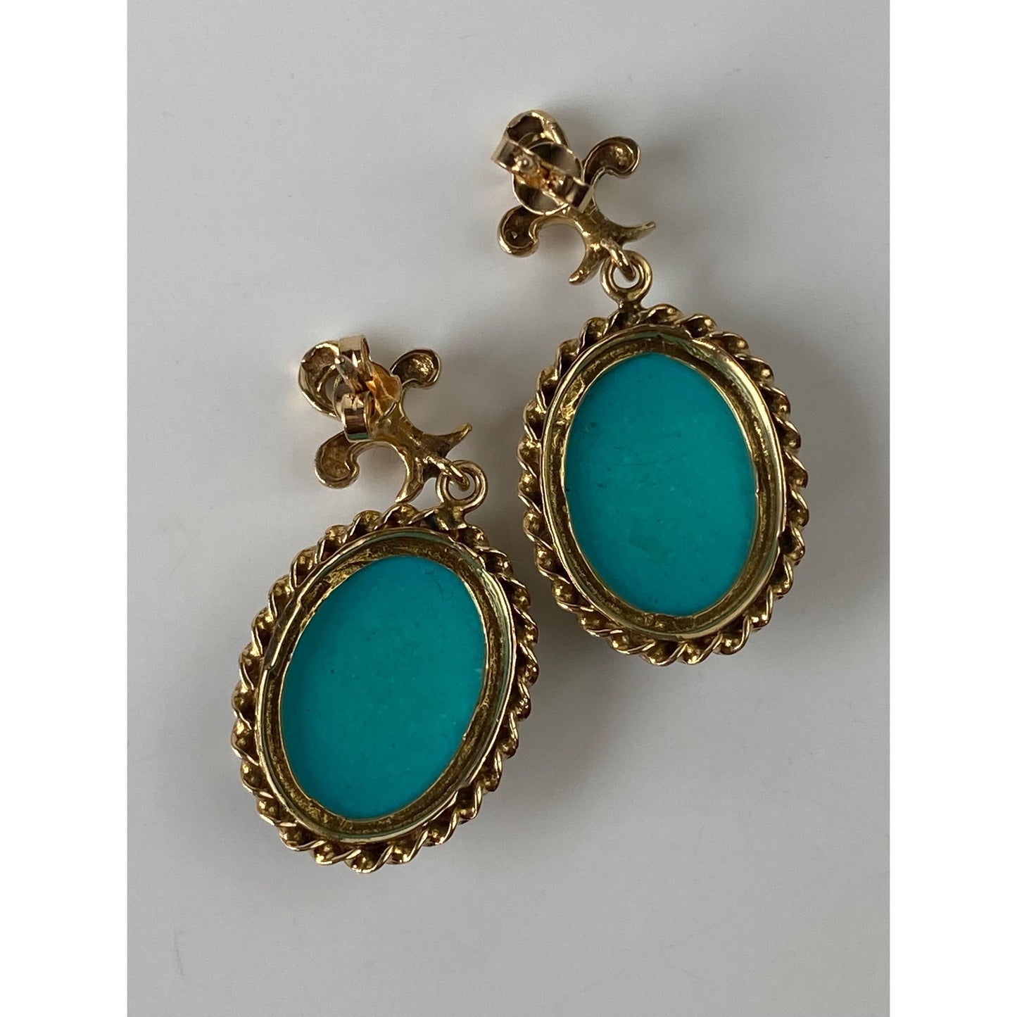 Vintage Solid 14k Yellow Gold Turquoise Ornate Dangle Stud Earrings