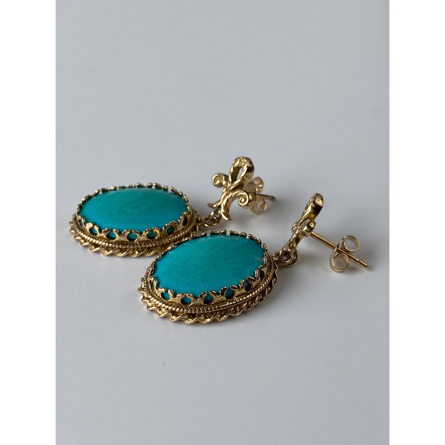 Vintage Solid 14k Yellow Gold Turquoise Ornate Dangle Stud Earrings
