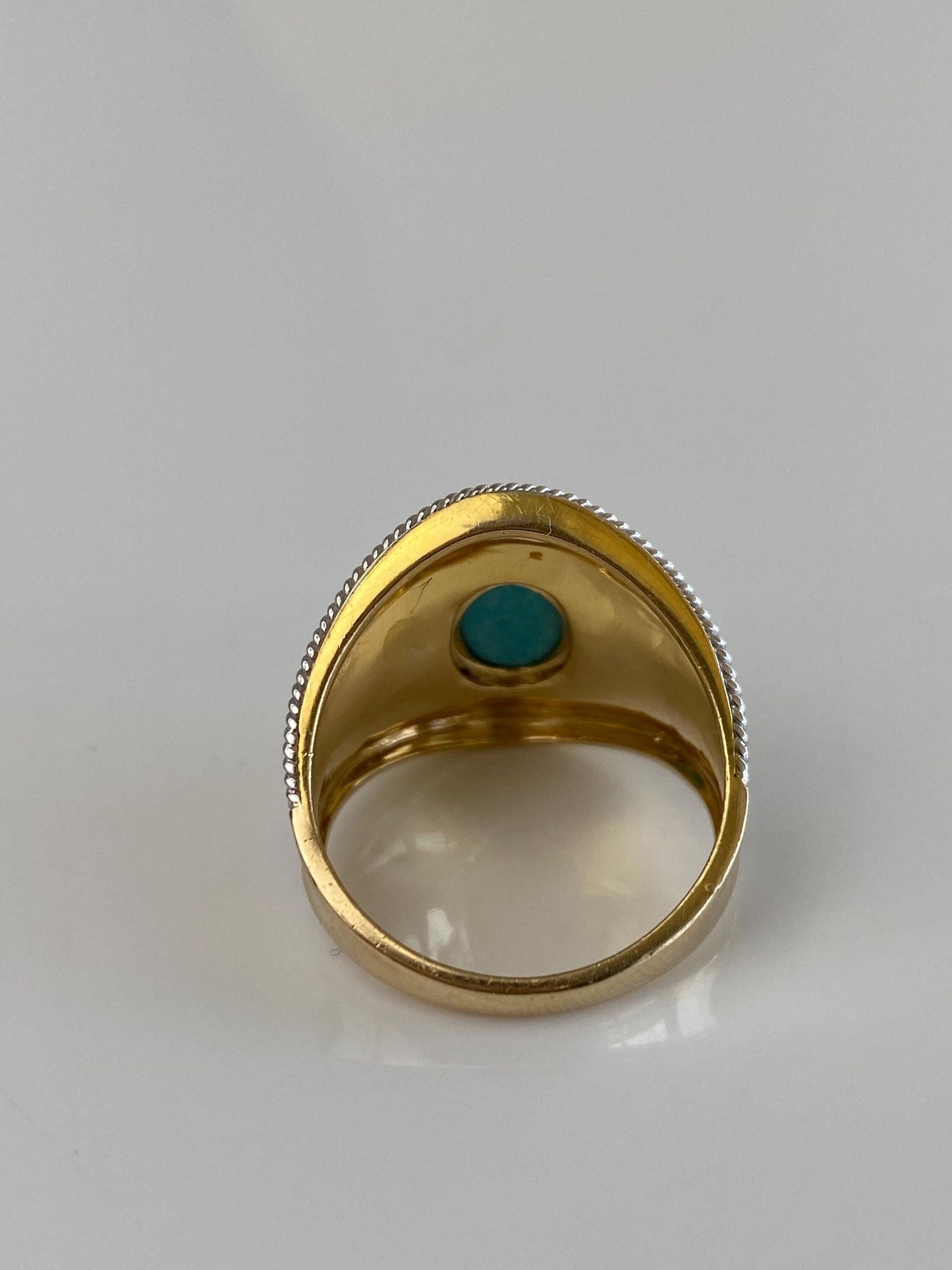 Vintage Solid 14k White & Yellow Gold Turquoise Cabochon Saddle Ring - Size 7.75