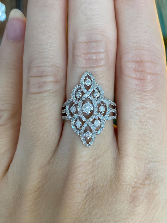 Vintage Solid 14k White Gold Diamonds Open Work Ring - Size 6.75