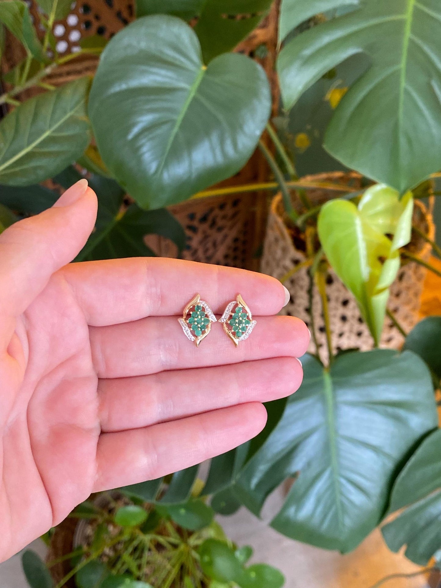 Vintage Solid 10k White & Yellow Gold Diamond Emerald Cluster Stud Earrings