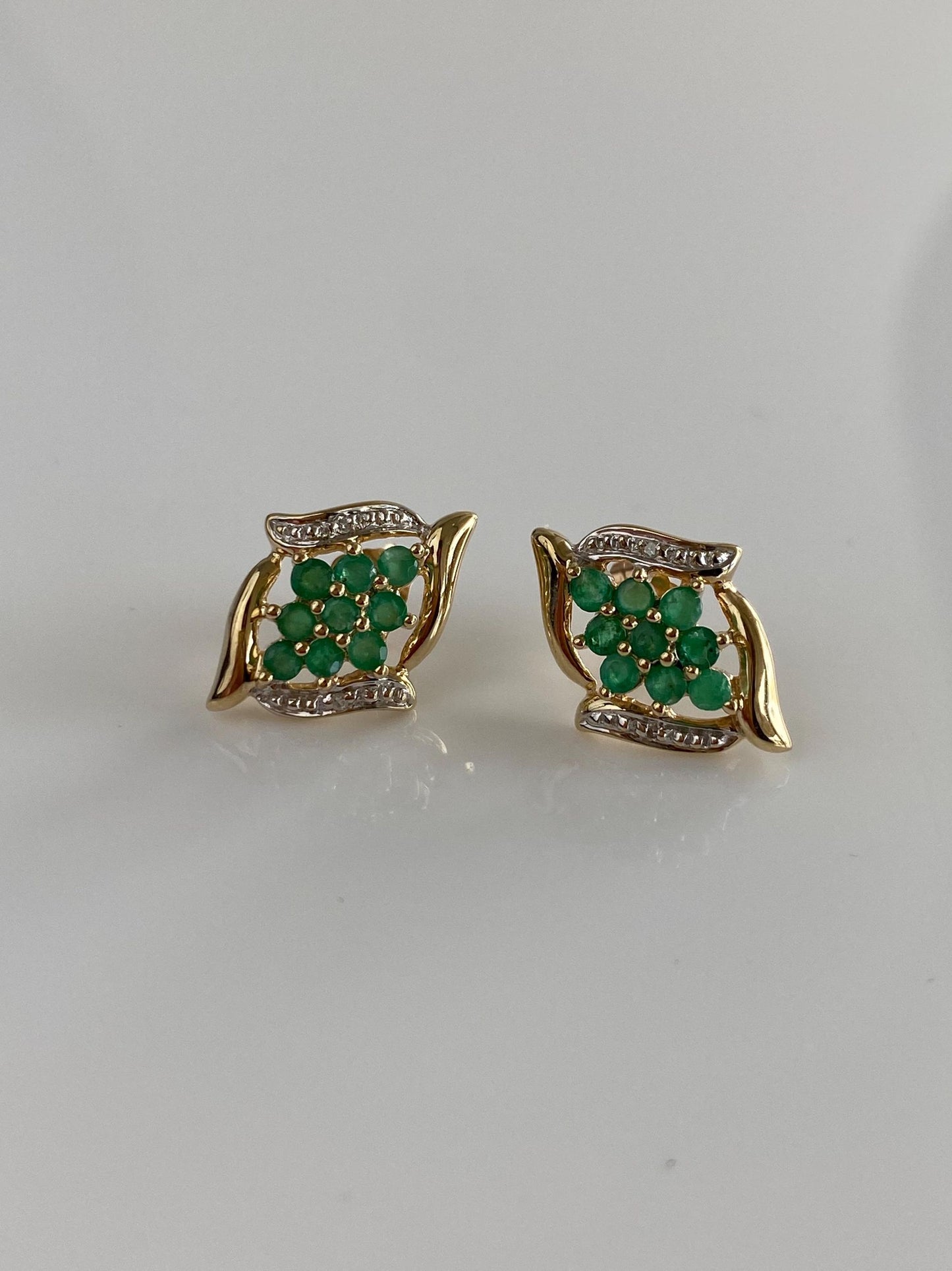 Vintage Solid 10k White & Yellow Gold Diamond Emerald Cluster Stud Earrings