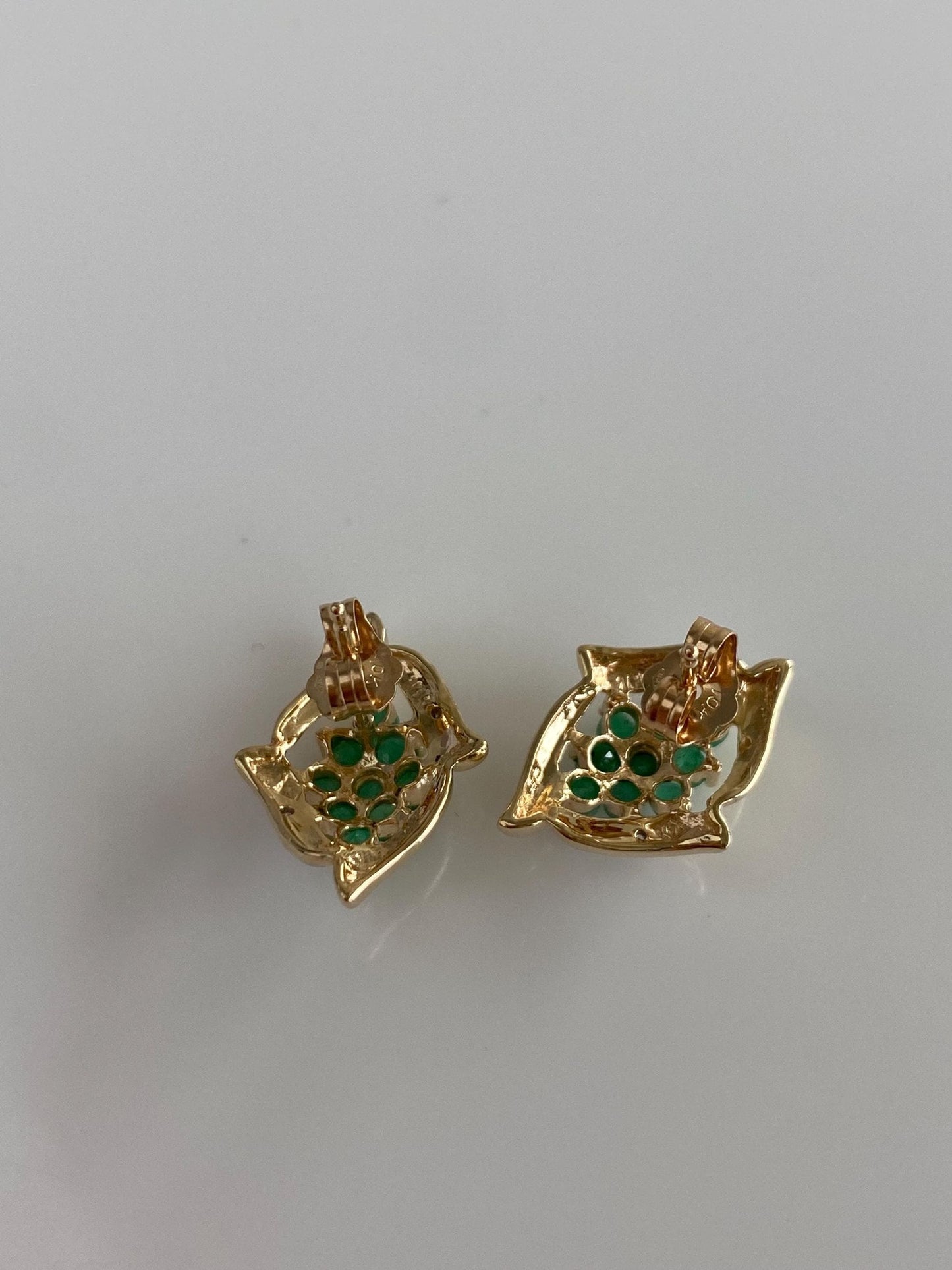 Vintage Solid 10k White & Yellow Gold Diamond Emerald Cluster Stud Earrings