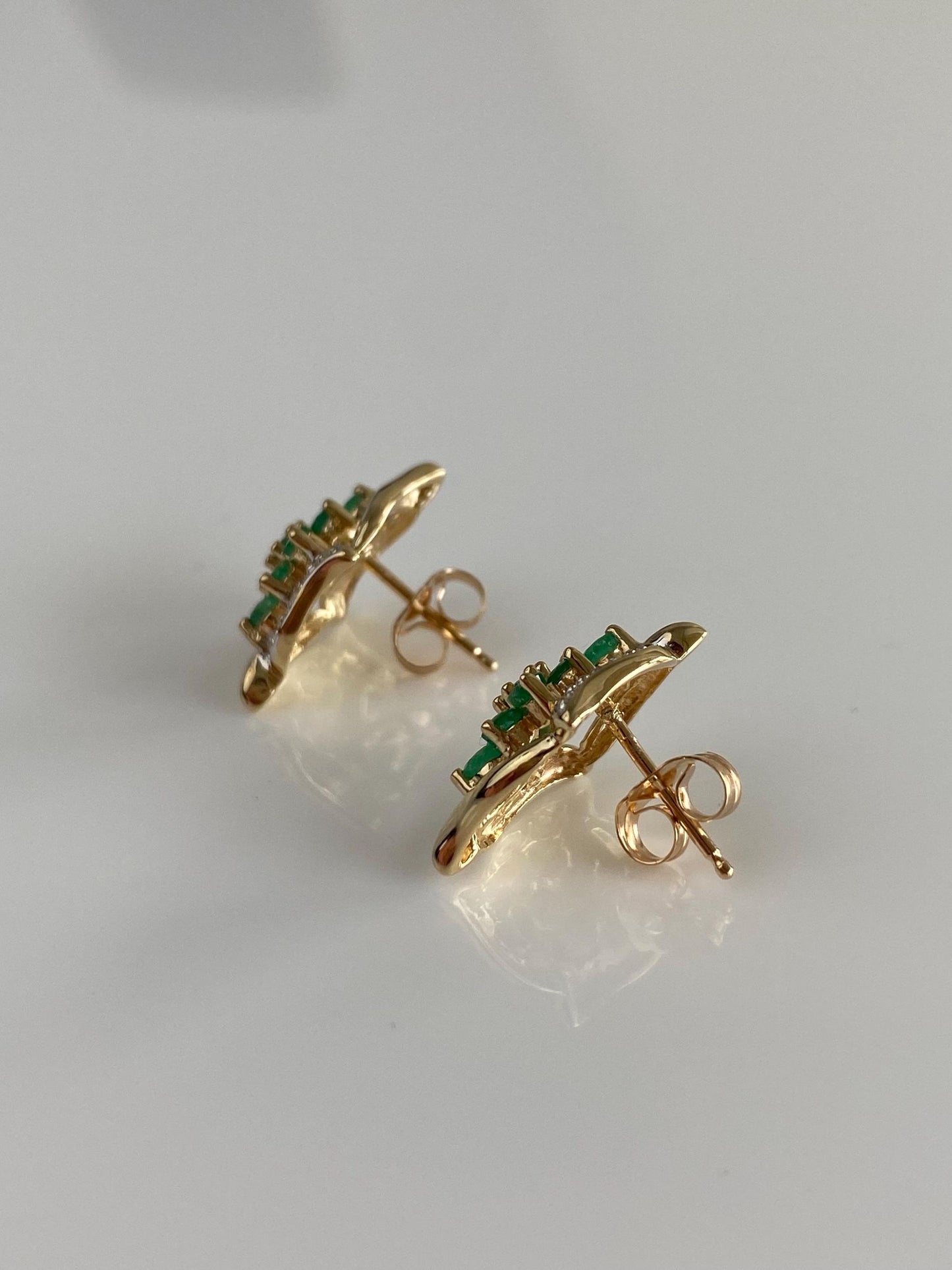 Vintage Solid 10k White & Yellow Gold Diamond Emerald Cluster Stud Earrings
