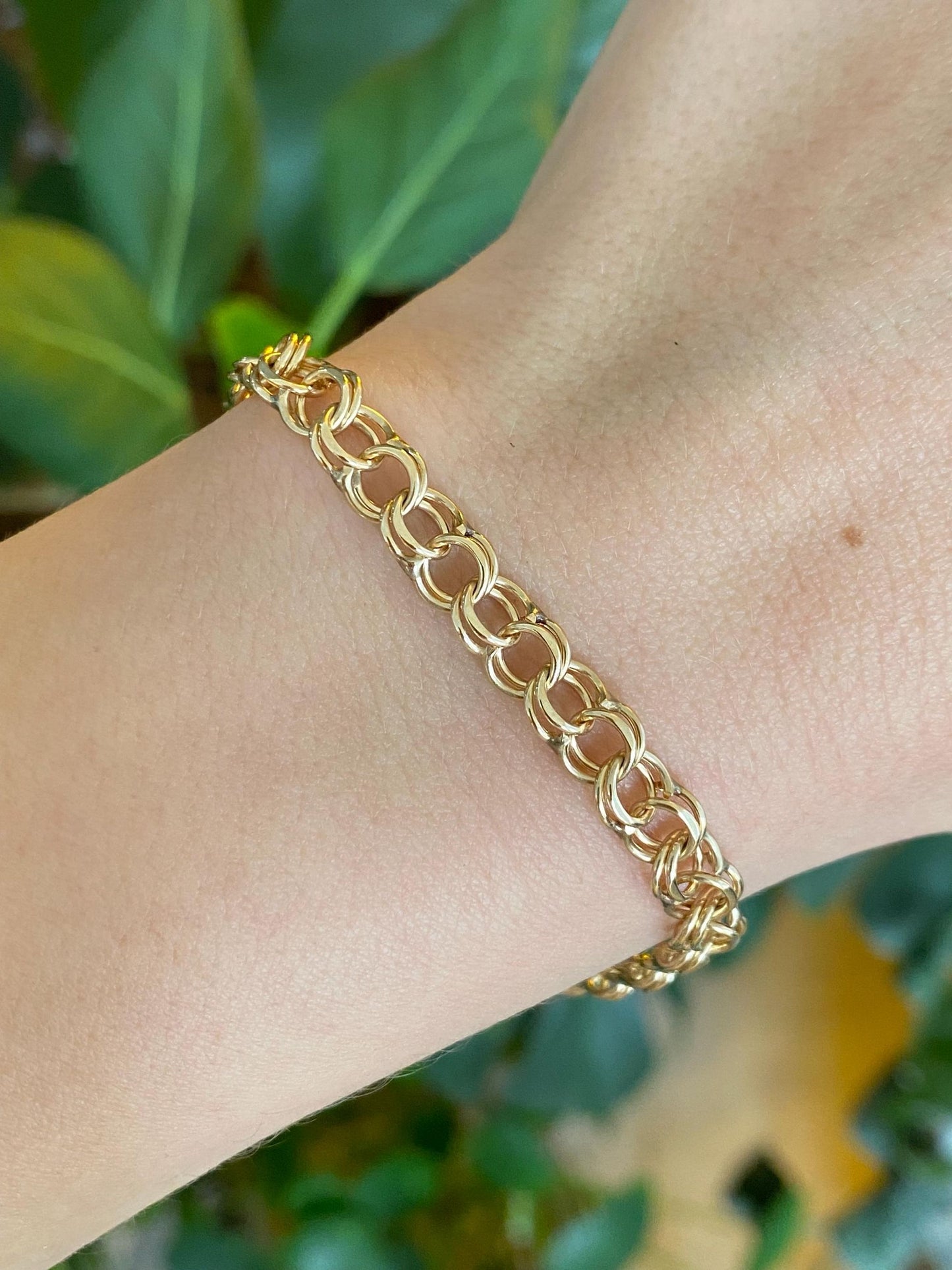 Vintage Solid 14k Yellow Gold Double Link Charm Bracelet - 7 inches