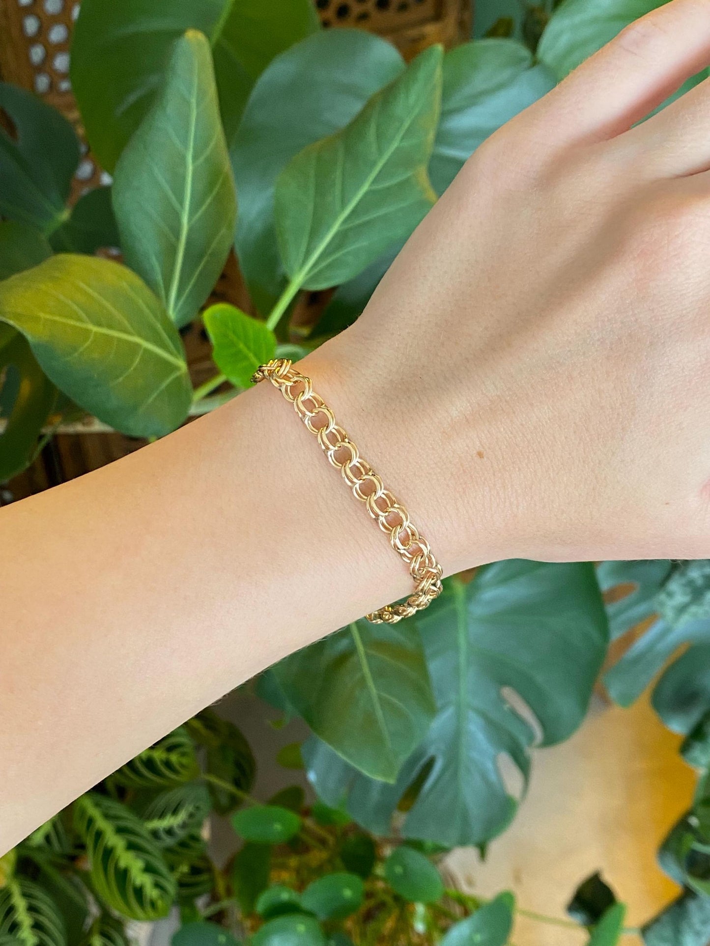 Vintage Solid 14k Yellow Gold Double Link Charm Bracelet - 7 inches
