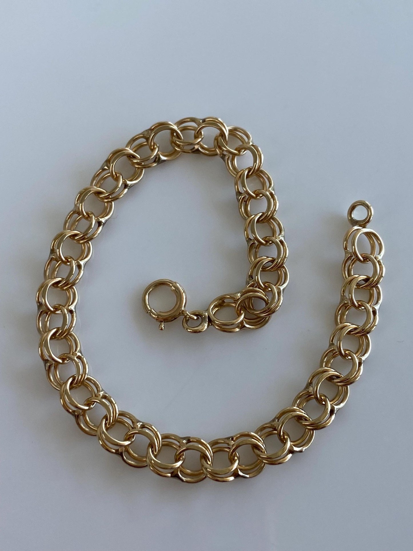 Vintage Solid 14k Yellow Gold Double Link Charm Bracelet - 7 inches
