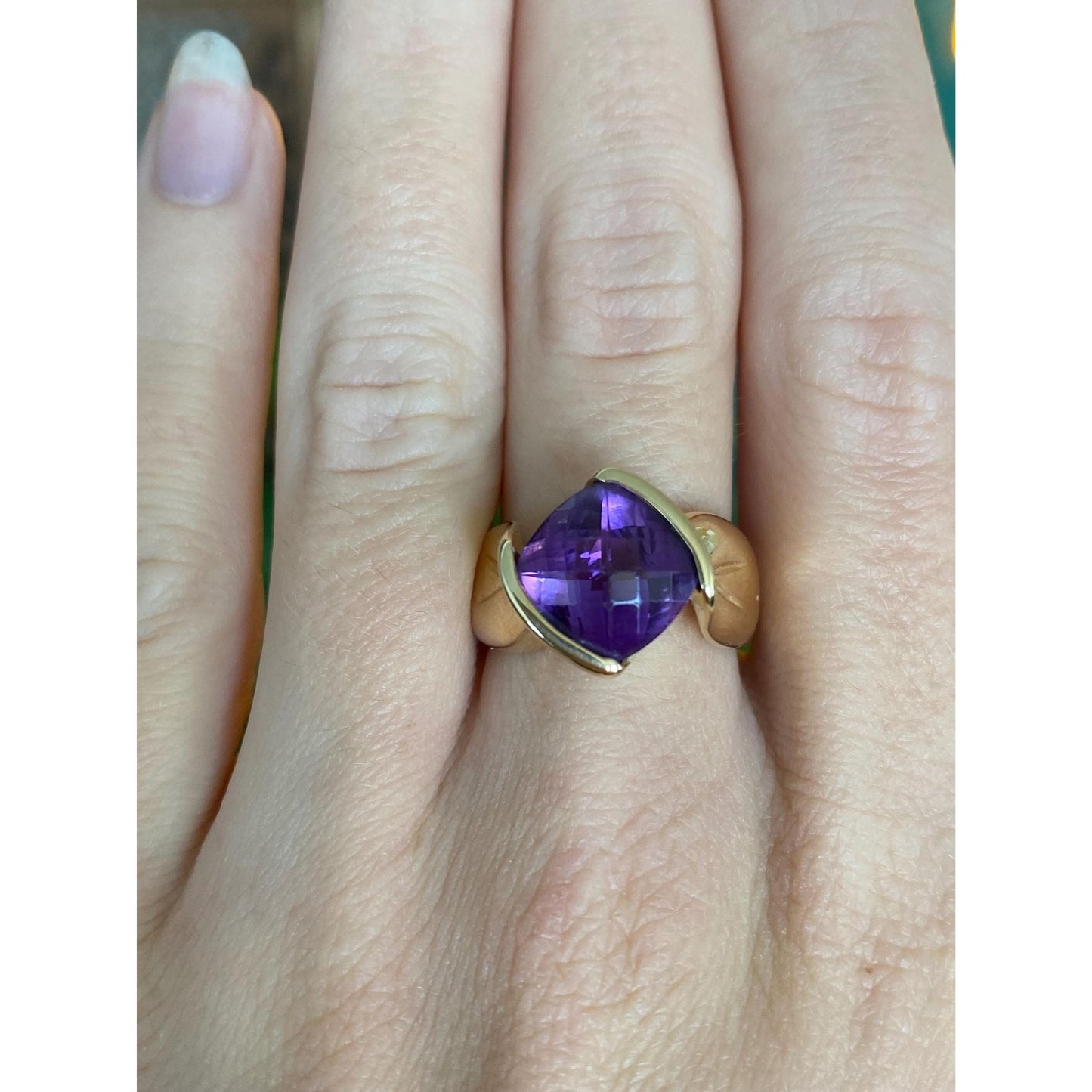 Vintage Solid 14k Yellow Gold Fancy Cut Amethyst Ring - Size 7