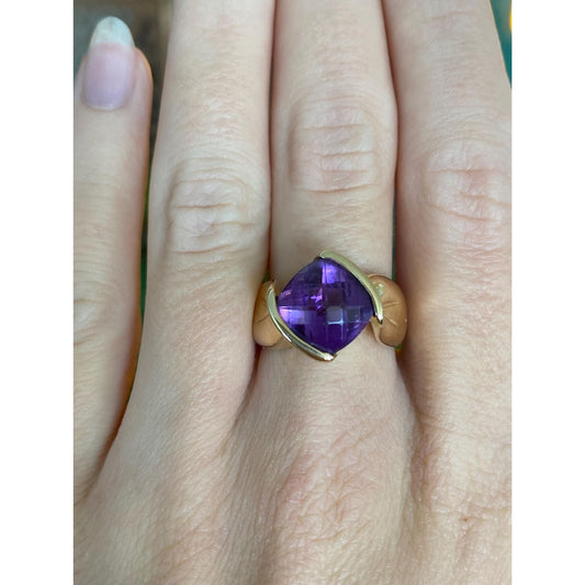 Vintage Solid 14k Yellow Gold Fancy Cut Amethyst Ring - Size 7