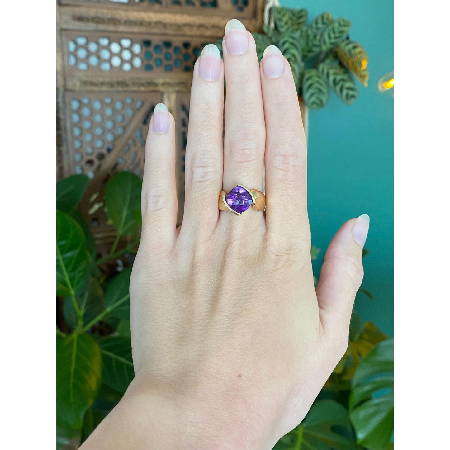 Vintage Solid 14k Yellow Gold Fancy Cut Amethyst Ring - Size 7