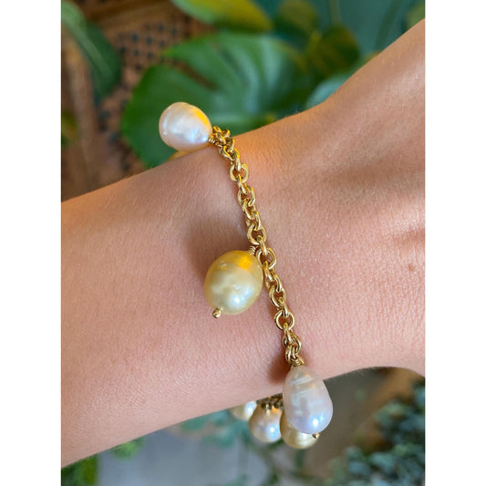 Vintage Solid 18k Yellow Gold Colored Pearls Rolo Chain Bracelet - 7.5 inches