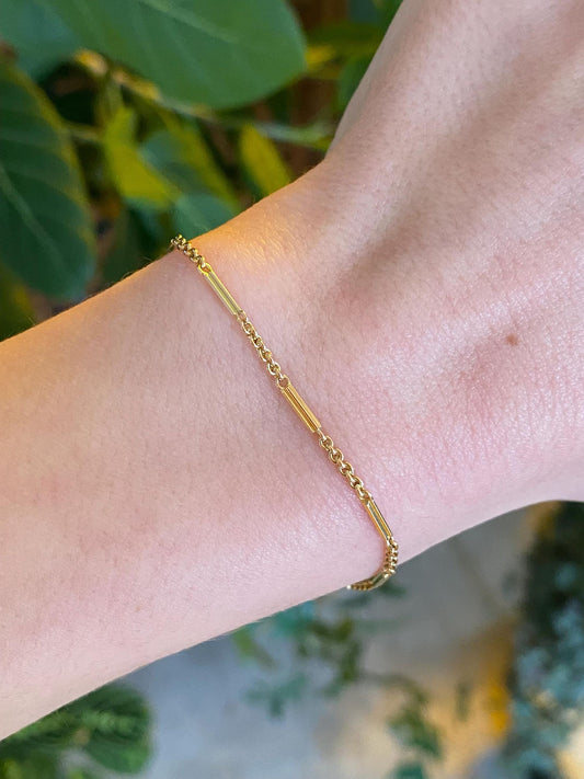 Vintage Solid 14k Yellow Gold Fancy Bar Link Rolo Chain Bracelet - 6.75 inches