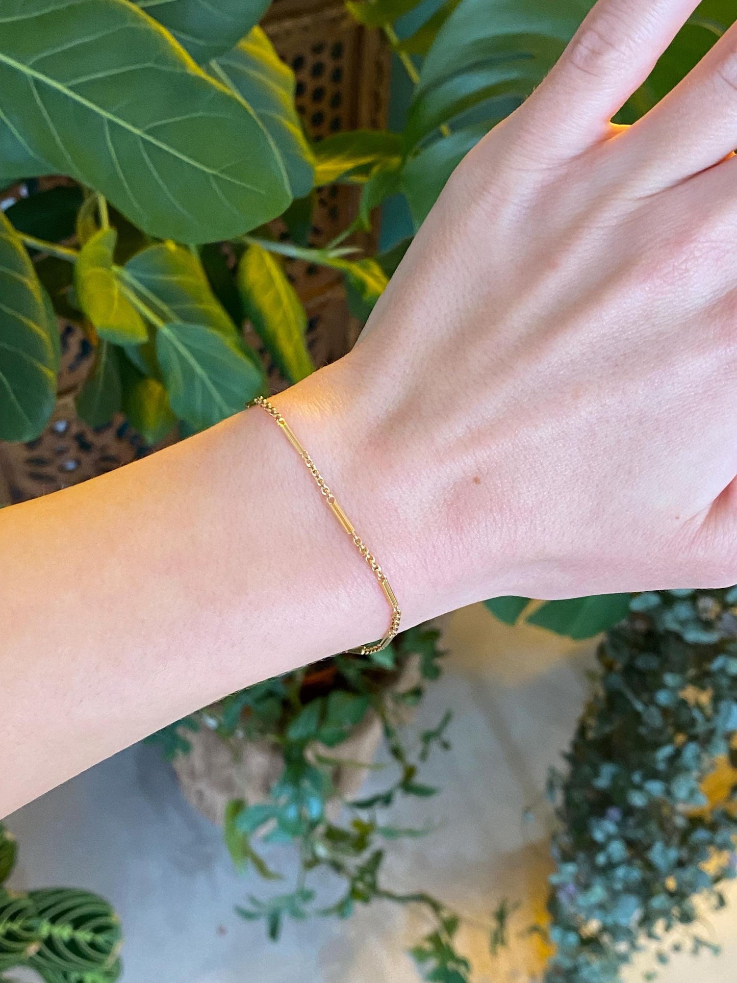 Vintage Solid 14k Yellow Gold Fancy Bar Link Rolo Chain Bracelet - 6.75 inches