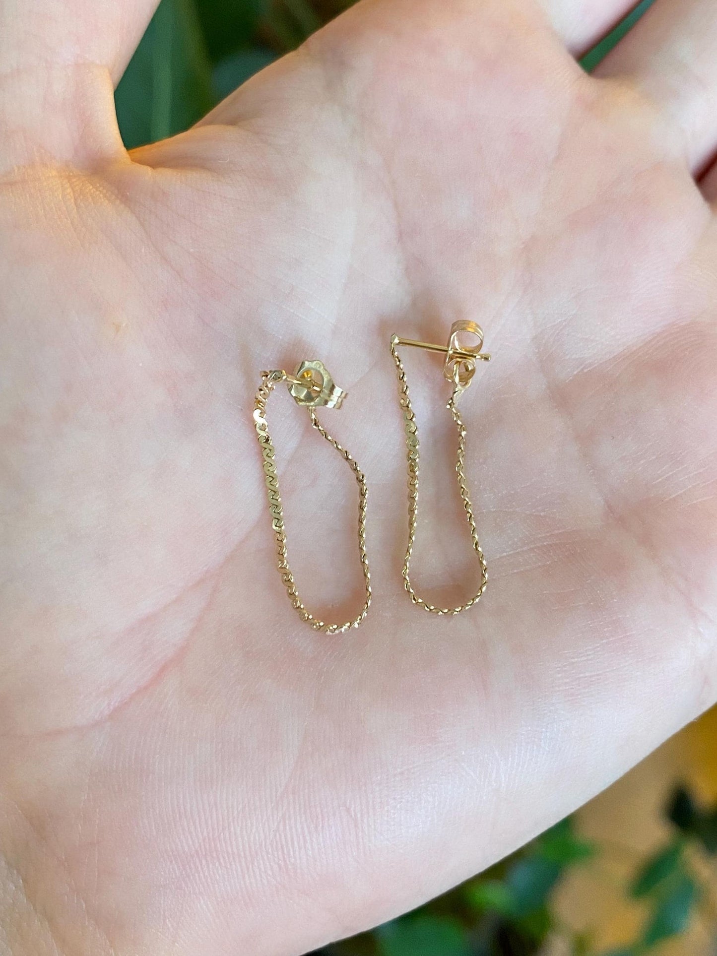 Vintage Solid 14k Yellow Gold Serpentine Chain Connected Stud Earrings