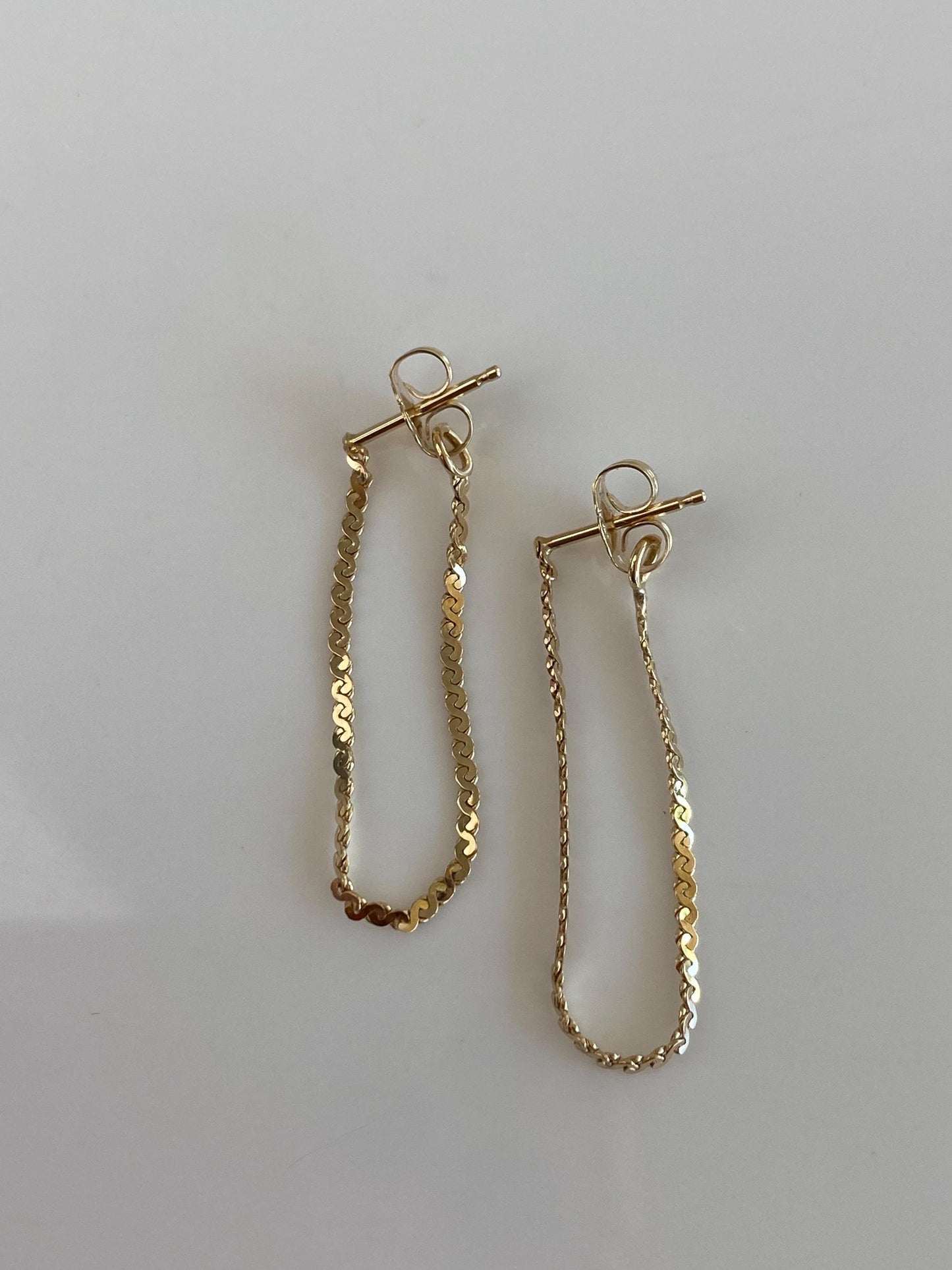 Vintage Solid 14k Yellow Gold Serpentine Chain Connected Stud Earrings