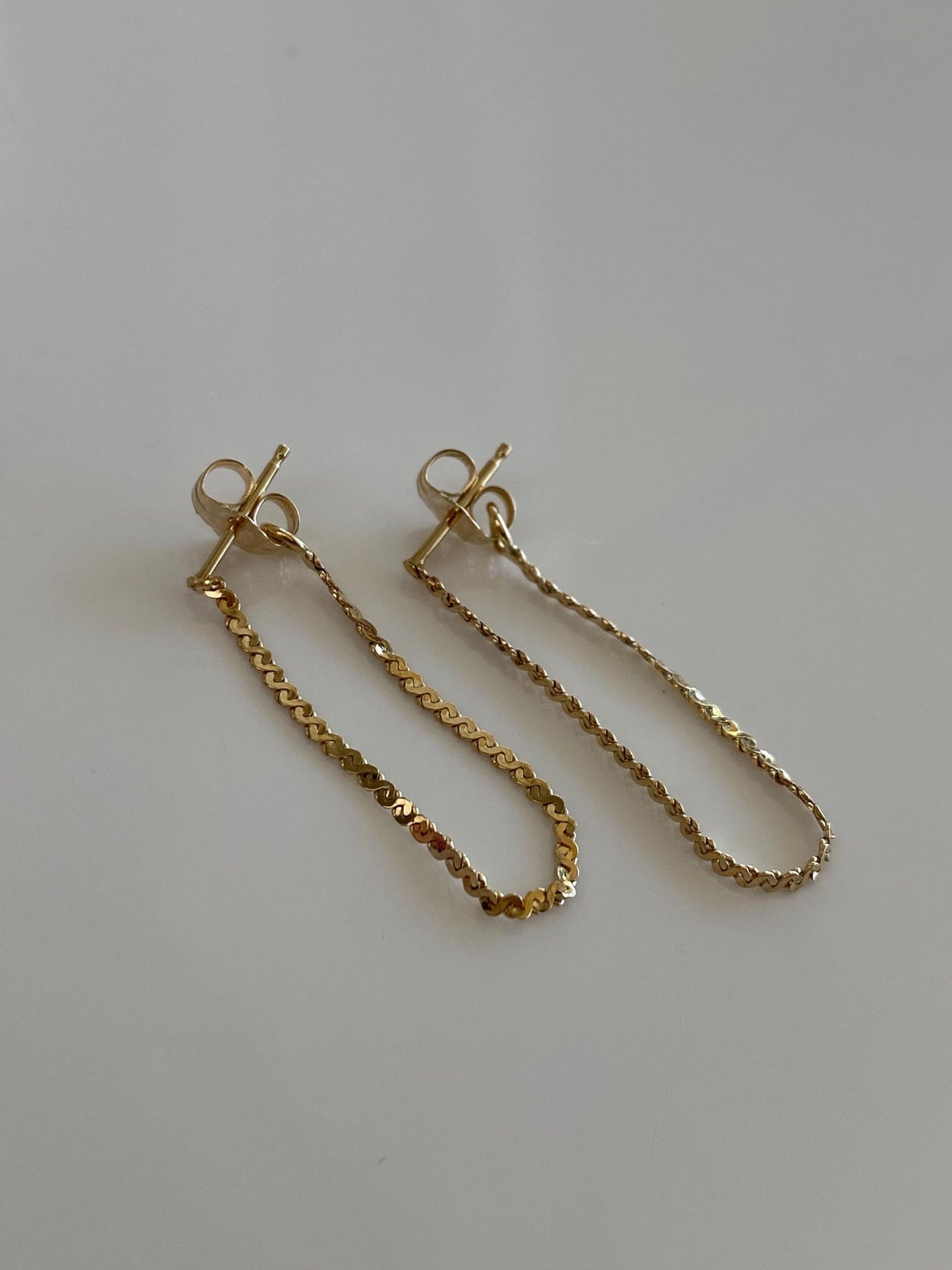 Vintage Solid 14k Yellow Gold Serpentine Chain Connected Stud Earrings