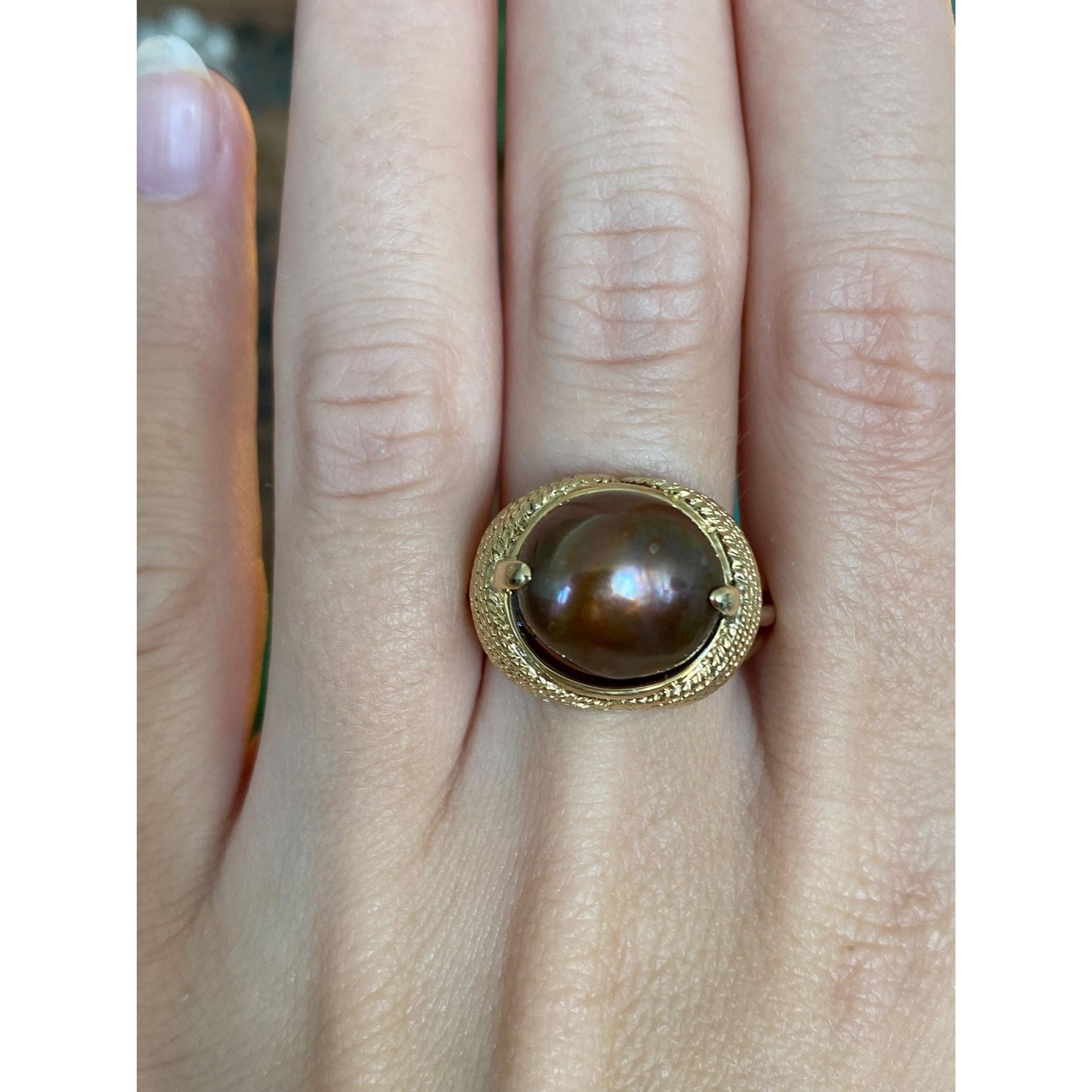 Vintage Solid 14k Yellow Gold Brown Pearl Ring - Size 8.25