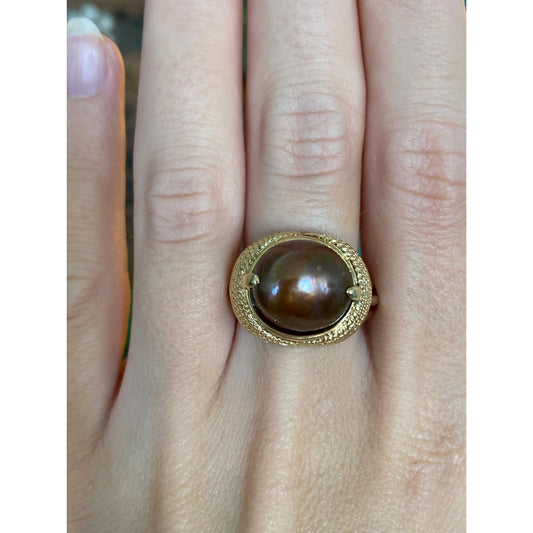 Vintage Solid 14k Yellow Gold Brown Pearl Ring - Size 8.25