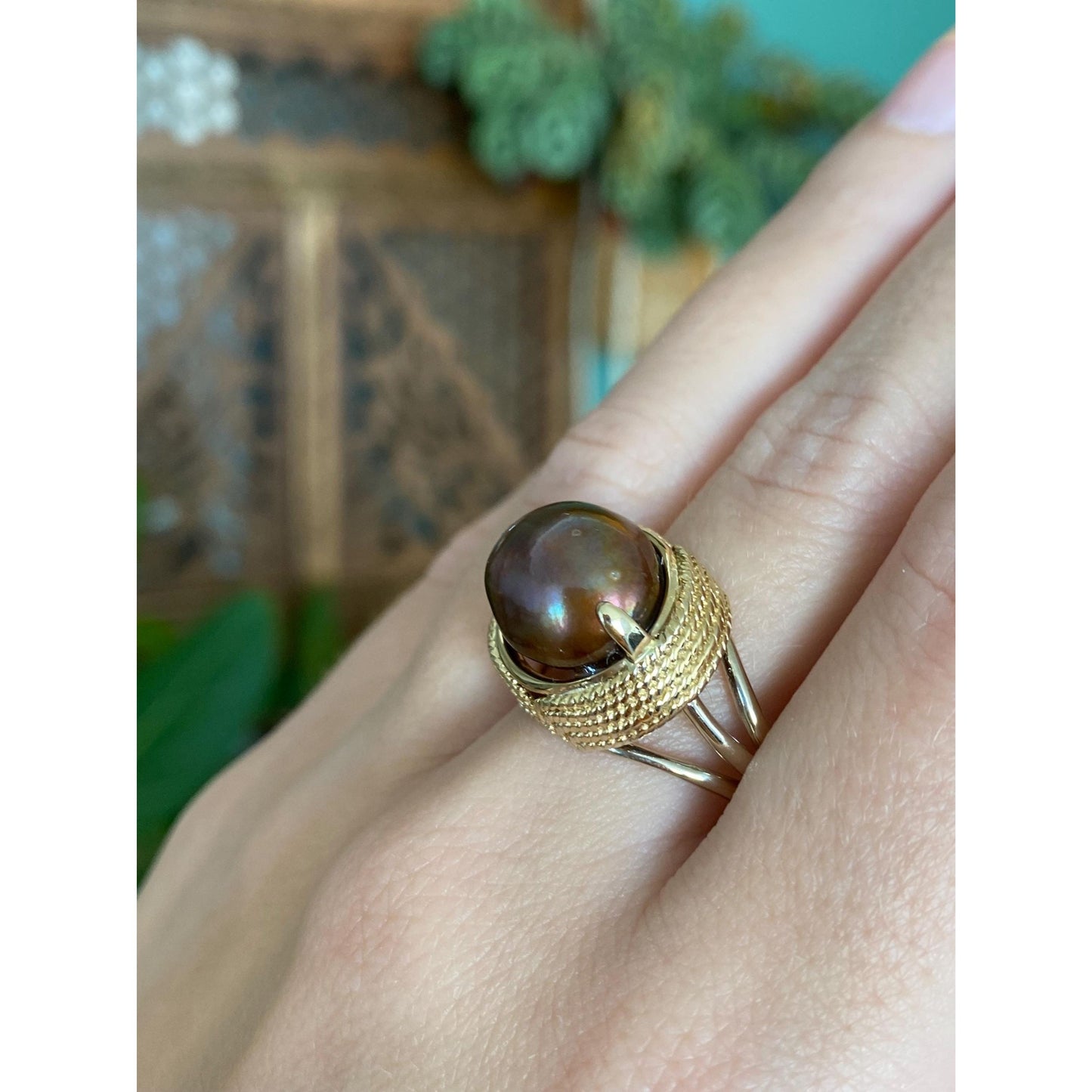 Vintage Solid 14k Yellow Gold Brown Pearl Ring - Size 8.25