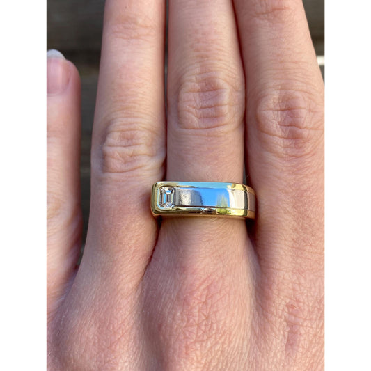 Vintage Solid 18k Yellow Gold & Platinum Diamond Square Ring Band - Size 8.5