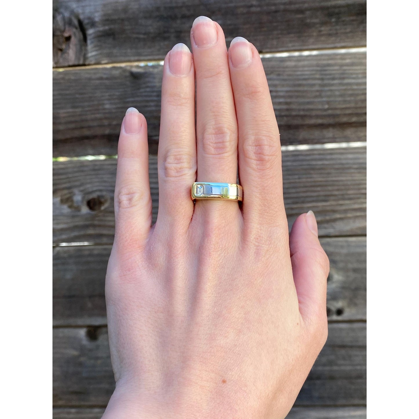 Vintage Solid 18k Yellow Gold & Platinum Diamond Square Ring Band - Size 8.5