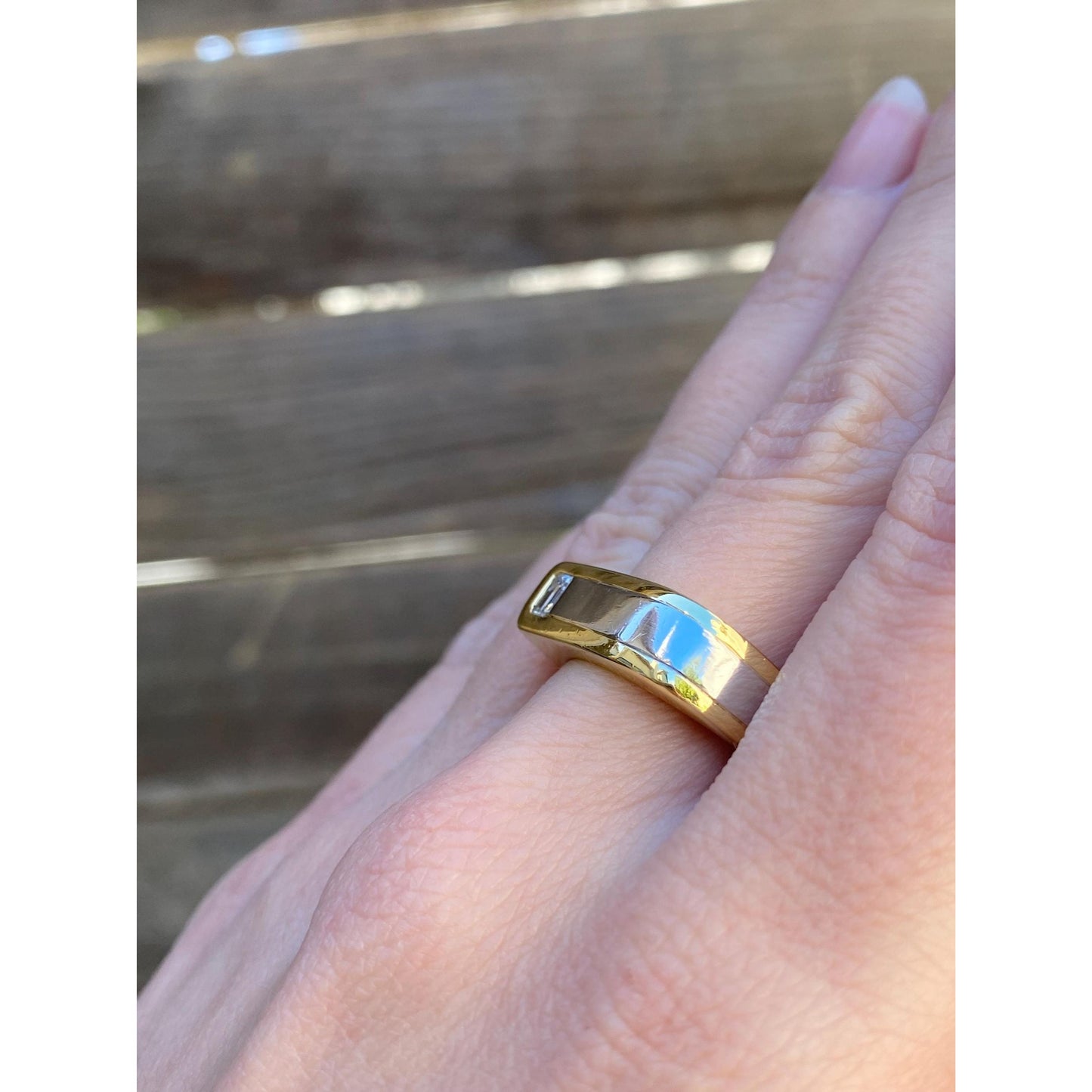 Vintage Solid 18k Yellow Gold & Platinum Diamond Square Ring Band - Size 8.5