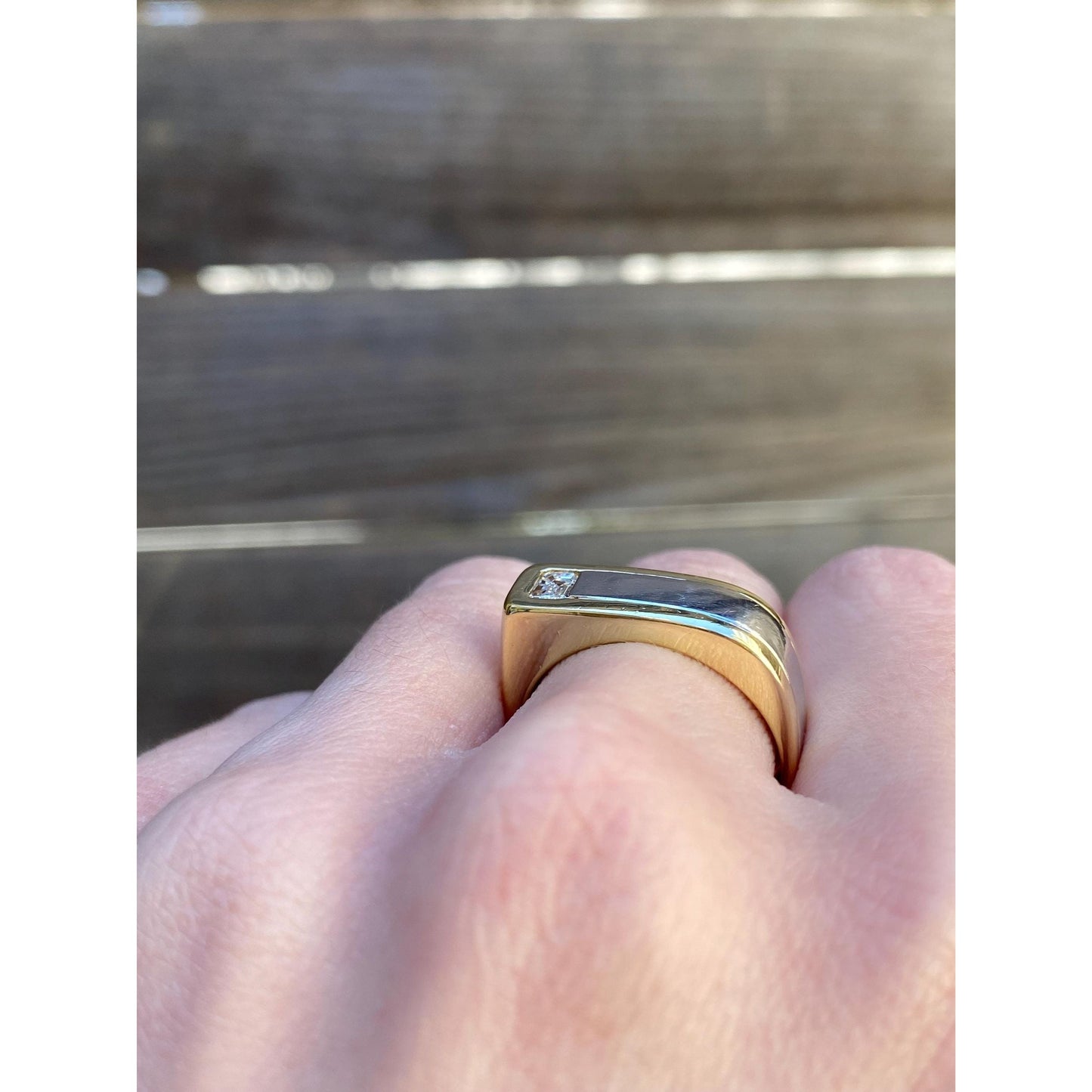 Vintage Solid 18k Yellow Gold & Platinum Diamond Square Ring Band - Size 8.5